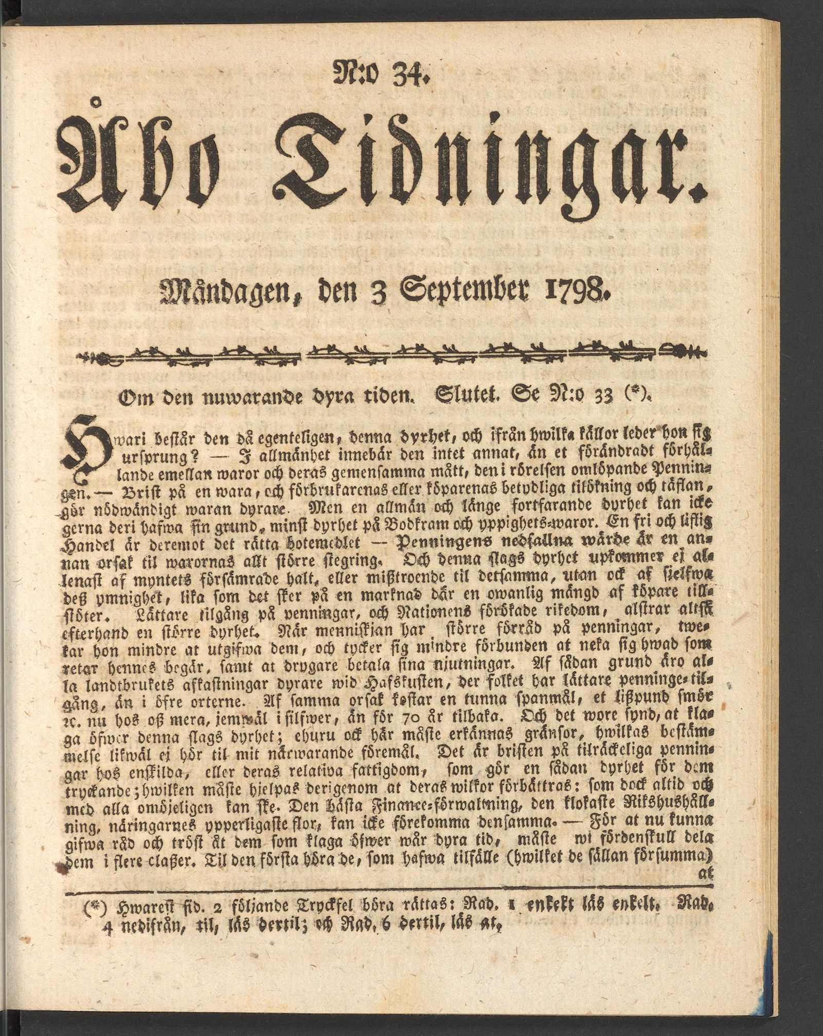 Tidningssida ur ÅBO TIDNINGAR, 1798-09-03