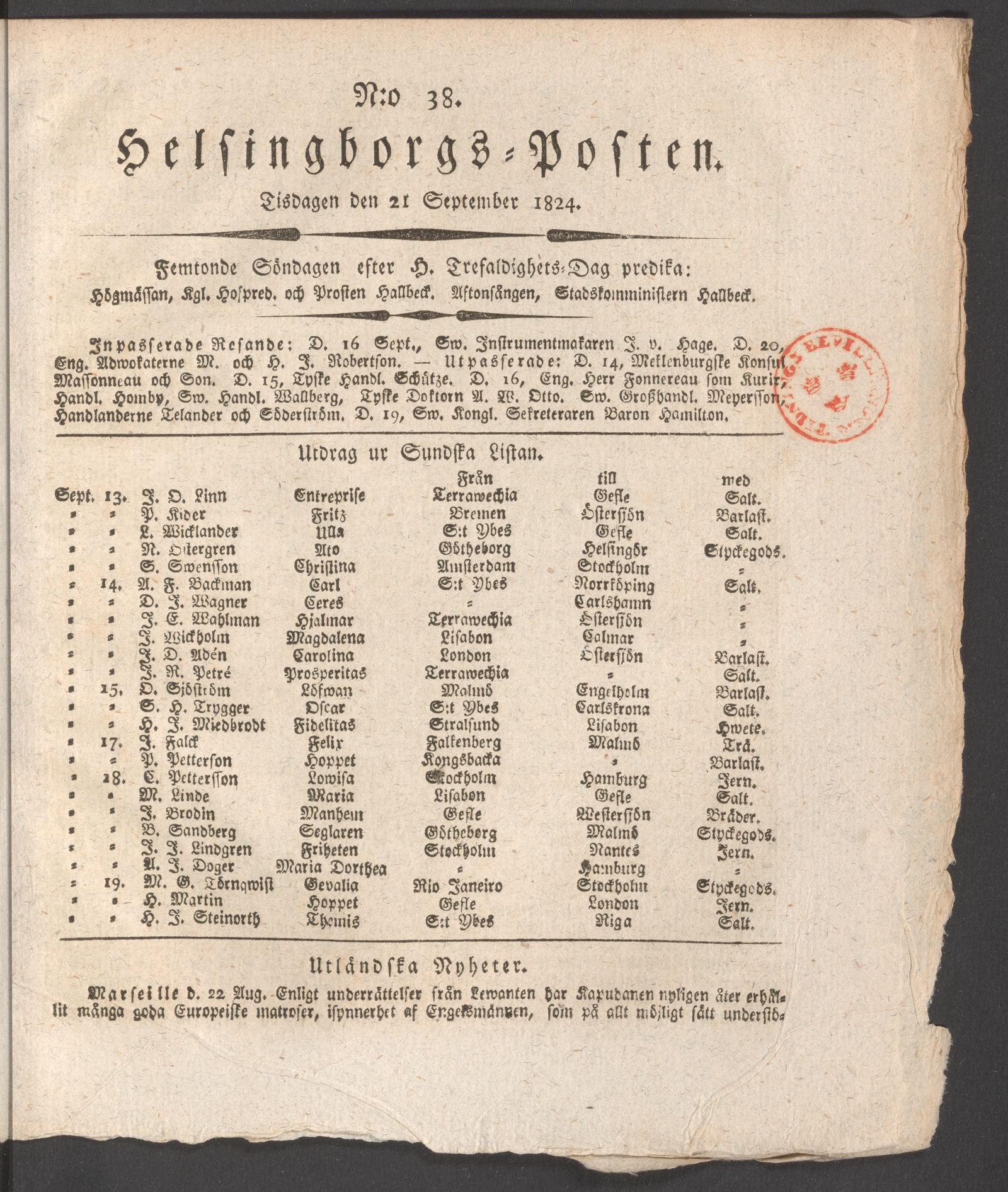 Tidningssida ur HELSINGBORGSPOSTEN, 1824-09-21