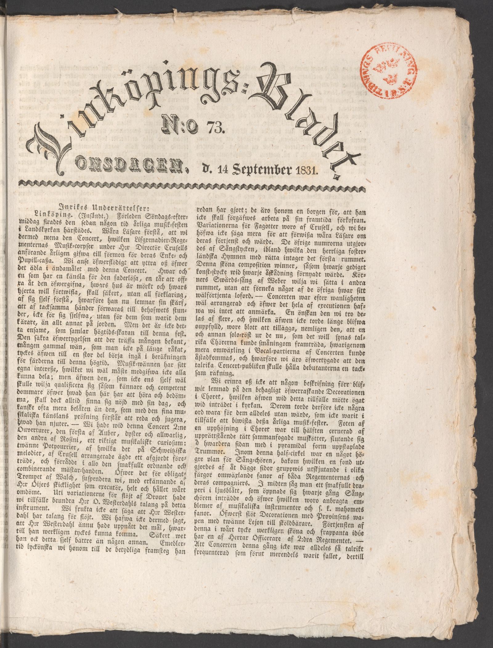 Tidningssida ur LINKÖPINGSBLADET, 1831-09-14