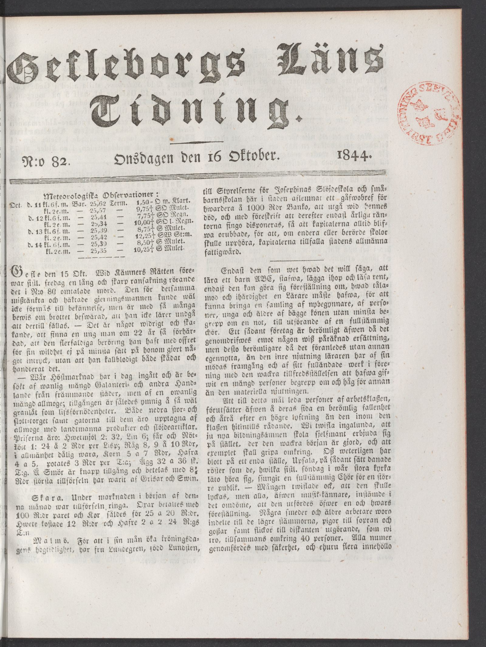 Tidningssida ur GEFLEBORGS LÄNS TIDNING, 1844-10-16