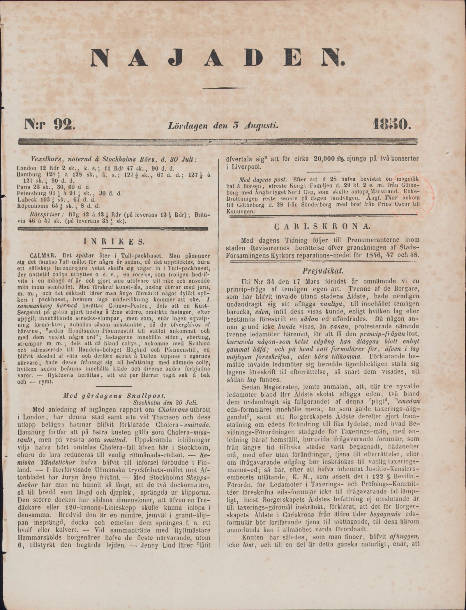 Tidningssida ur NAJADEN, 1850-08-03