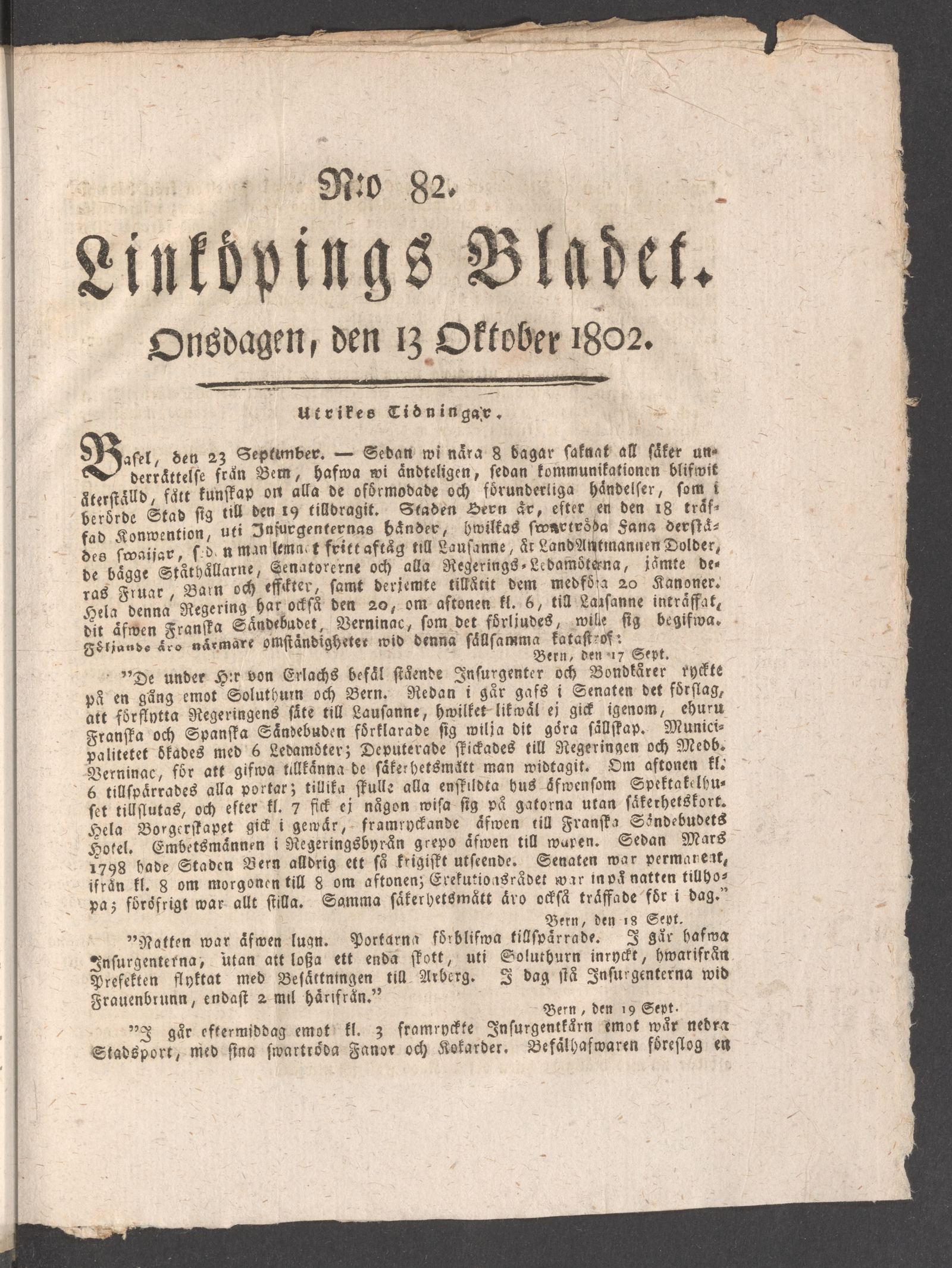 Tidningssida ur LINKÖPINGSBLADET, 1802-10-13