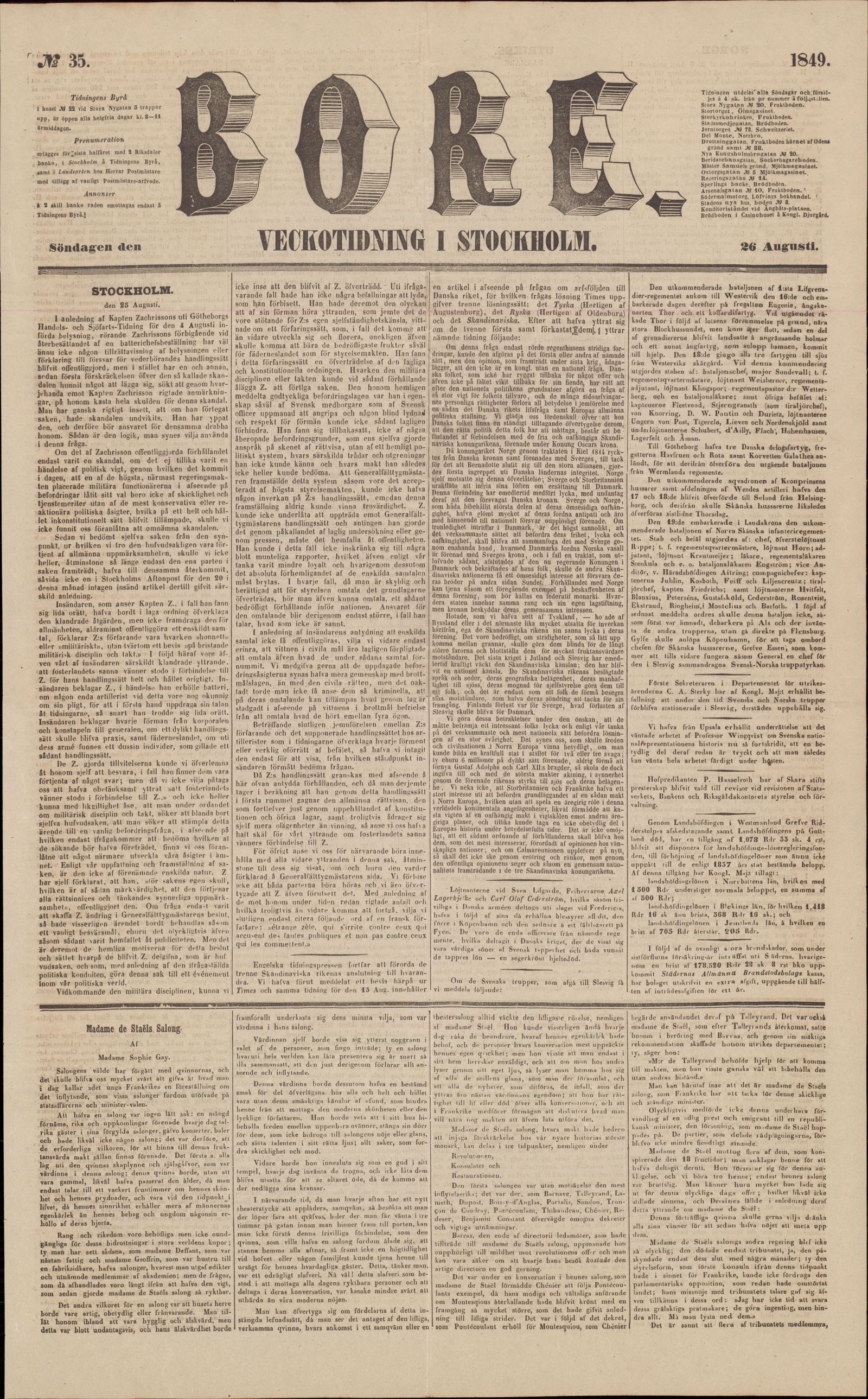 Tidningssida ur BORE, 1849-08-26