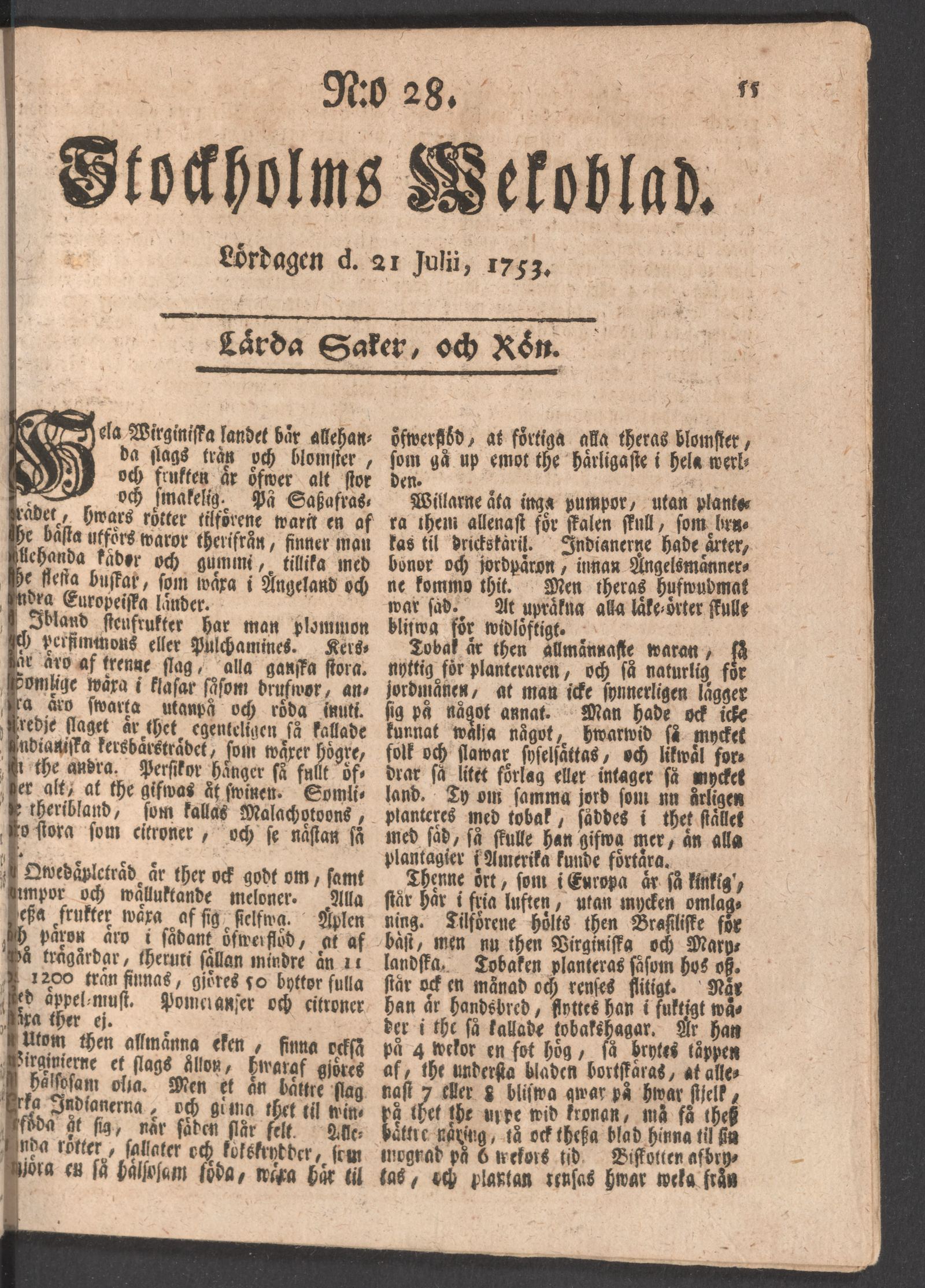 Tidningssida ur STOCKHOLMS WECKOBLAD, 1753-07-21