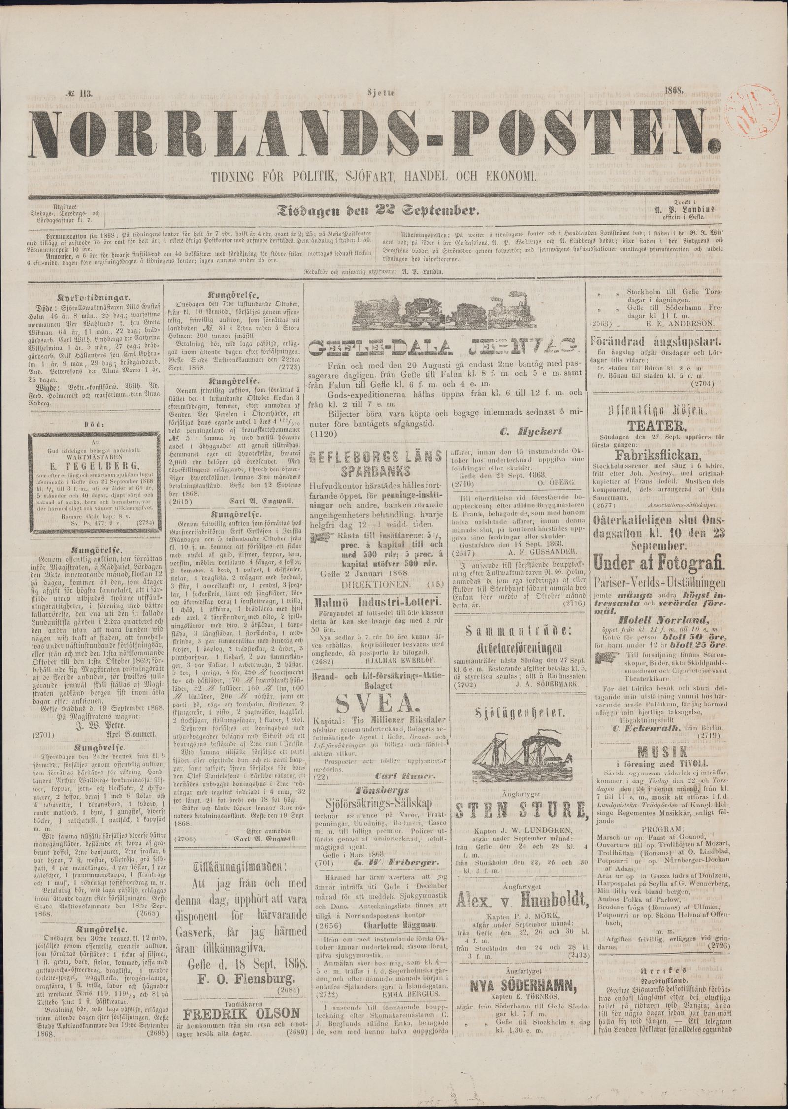 Tidningssida ur NORRLANDSPOSTEN, 1868-09-22