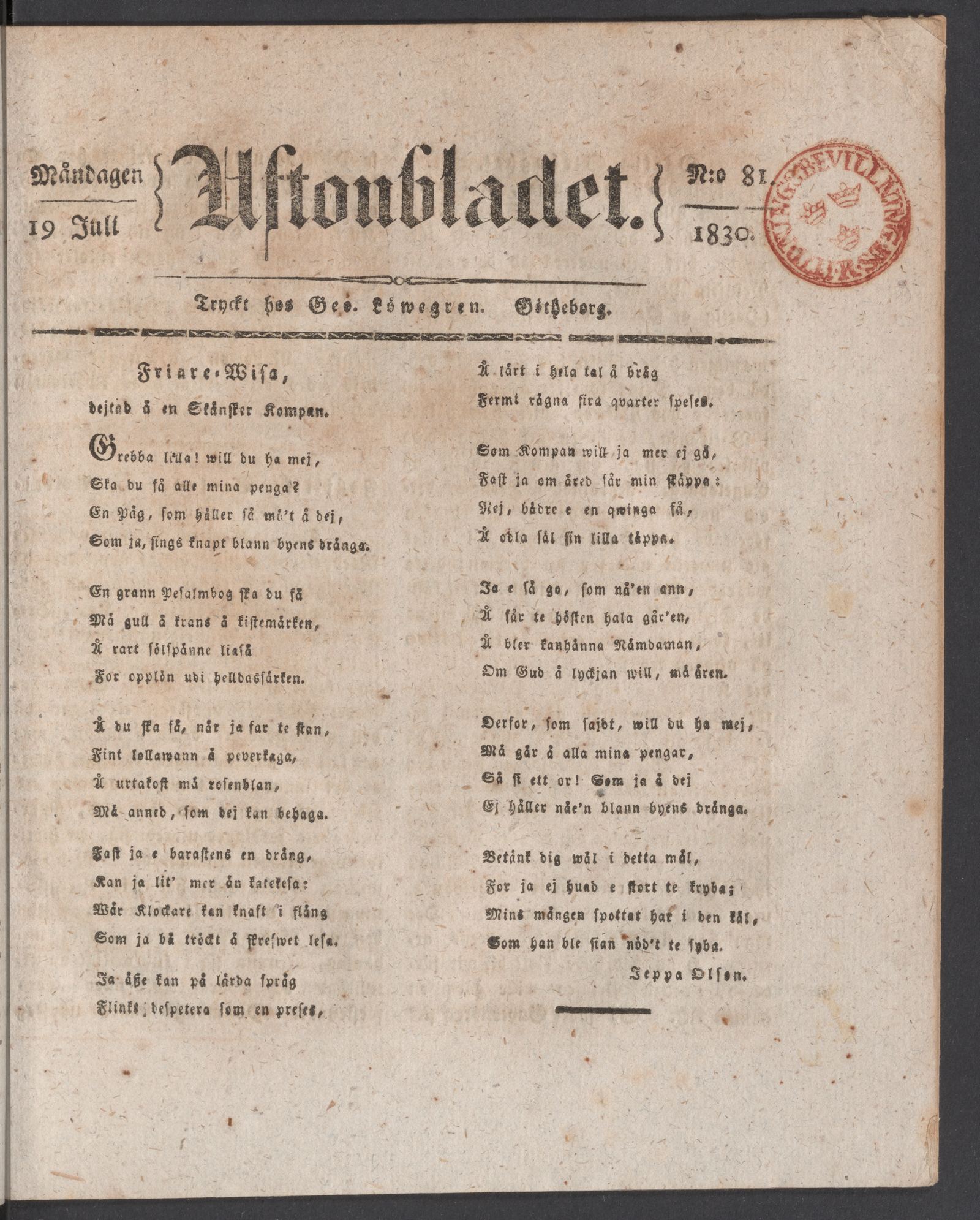 Tidningssida ur AFTONBLADET, 1830-07-19
