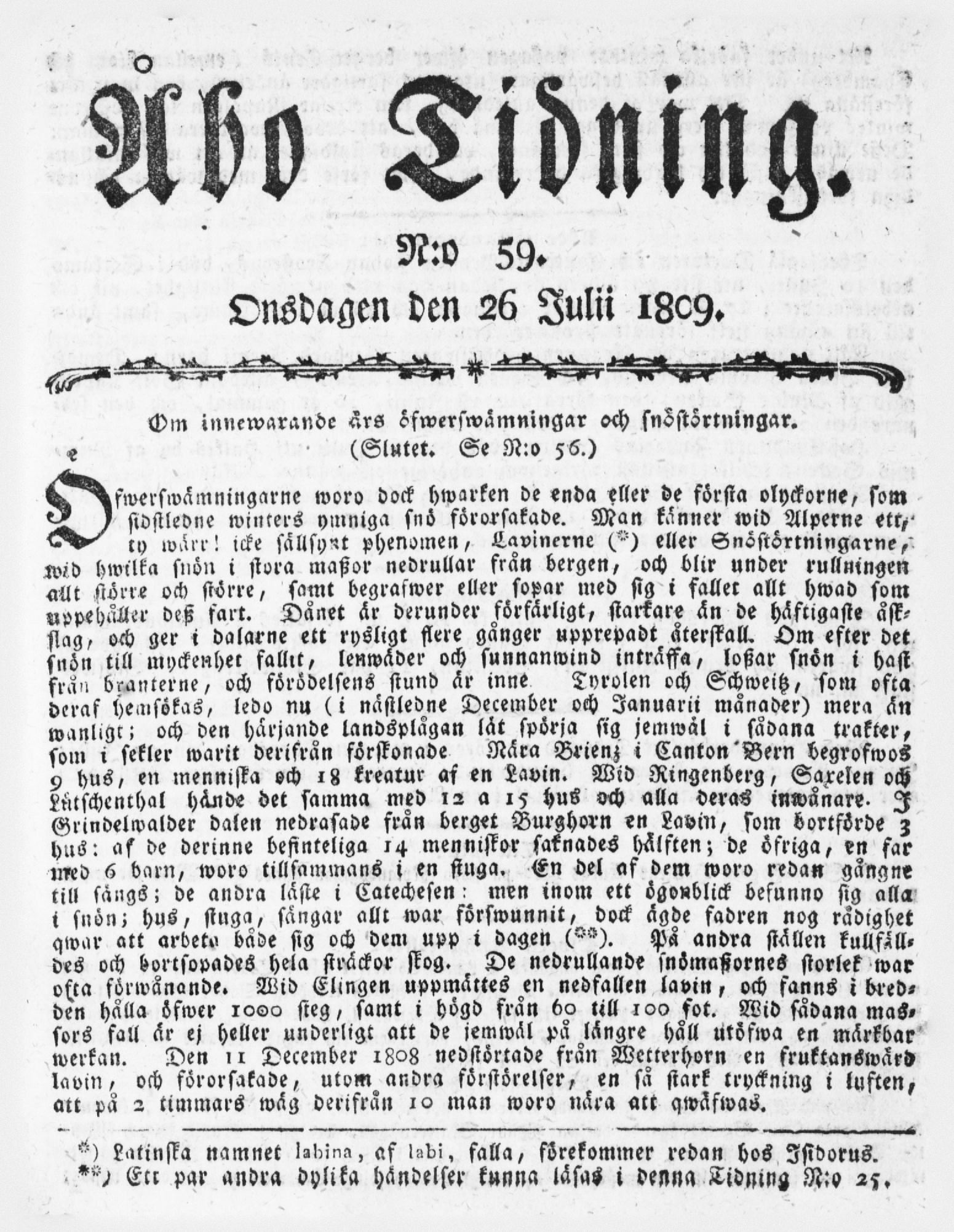 Tidningssida ur ÅBO TIDNING, 1809-07-26