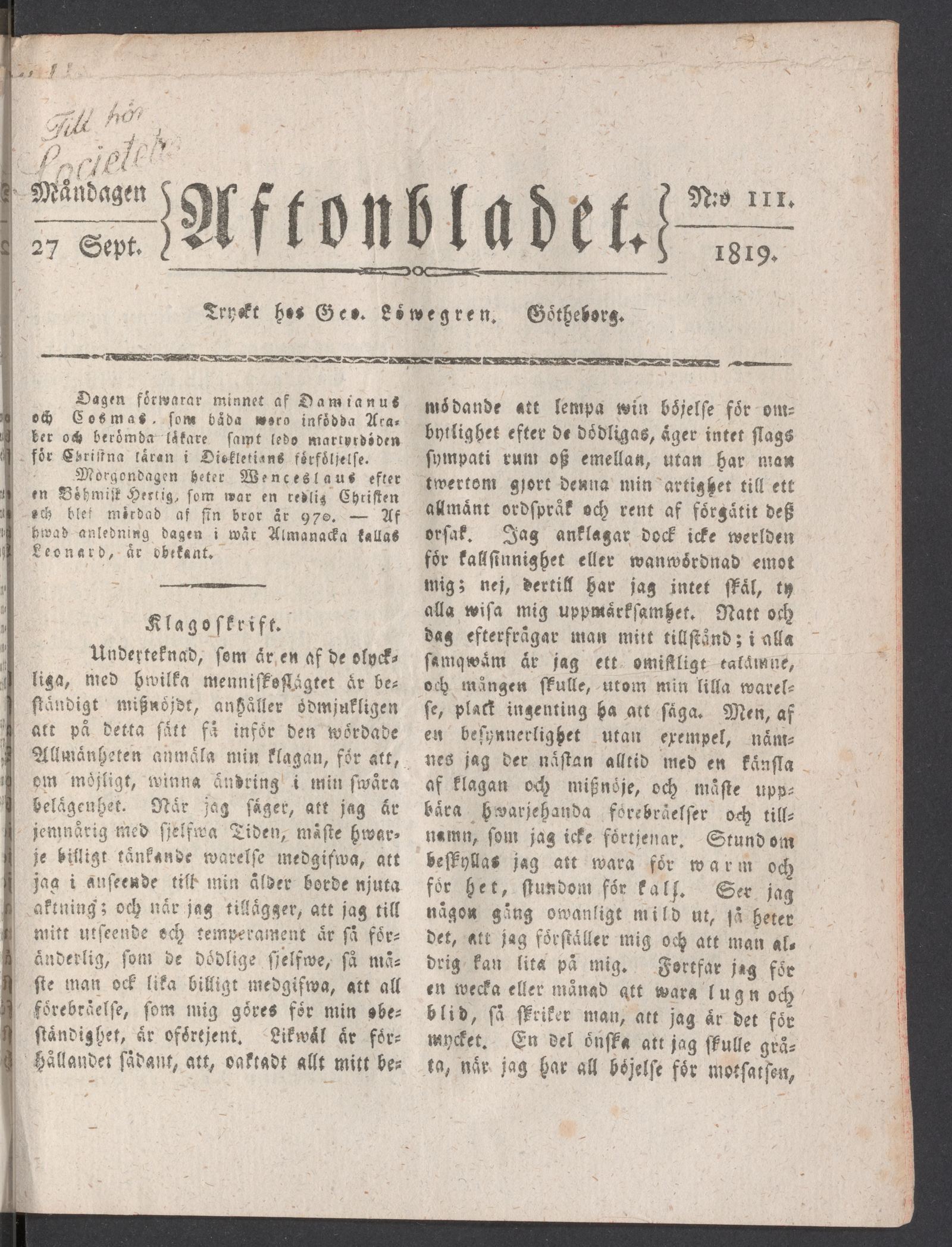 Tidningssida ur AFTONBLADET, 1819-09-27