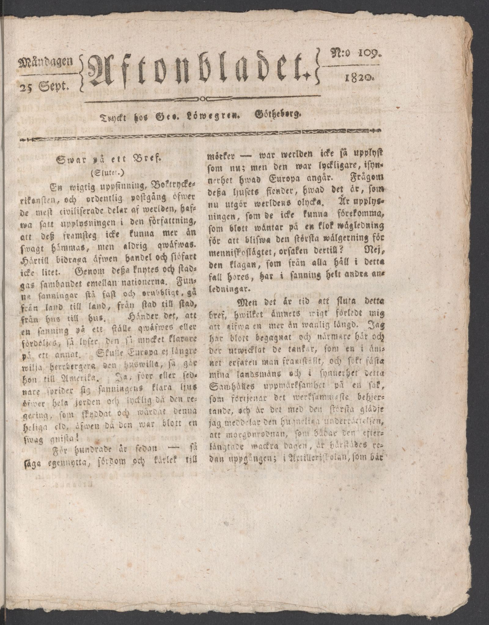 Tidningssida ur AFTONBLADET, 1820-09-25