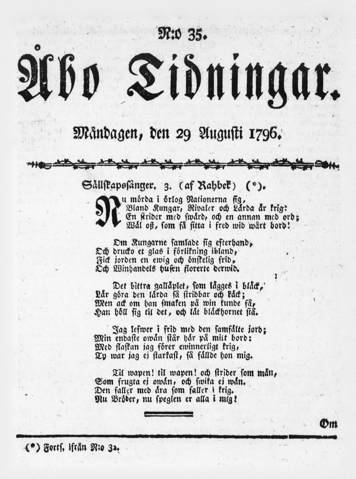 Tidningssida ur ÅBO TIDNINGAR, 1796-08-29