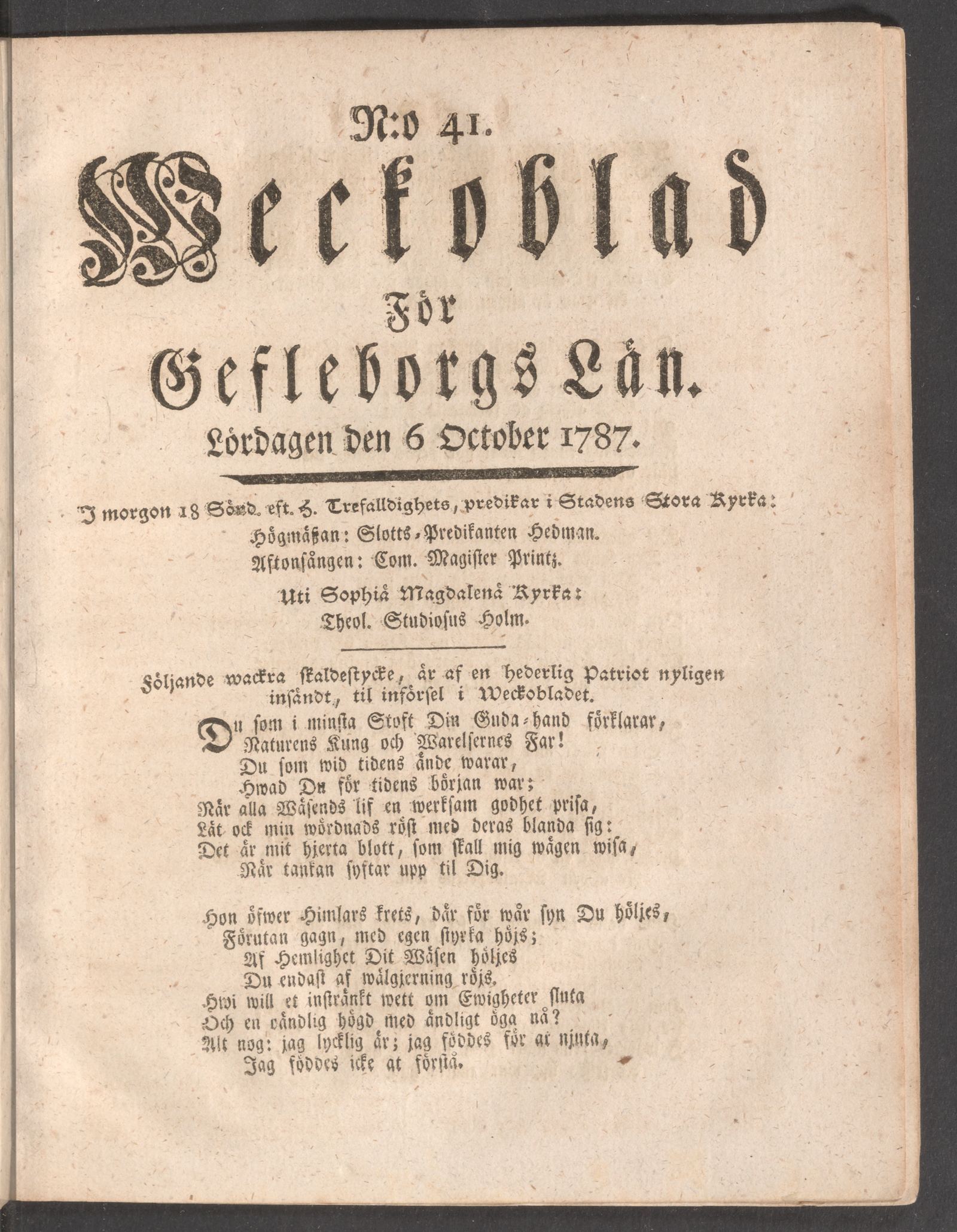 Tidningssida ur WECKOBLAD FÖR GEFLEBORGS LÄN, 1787-10-06