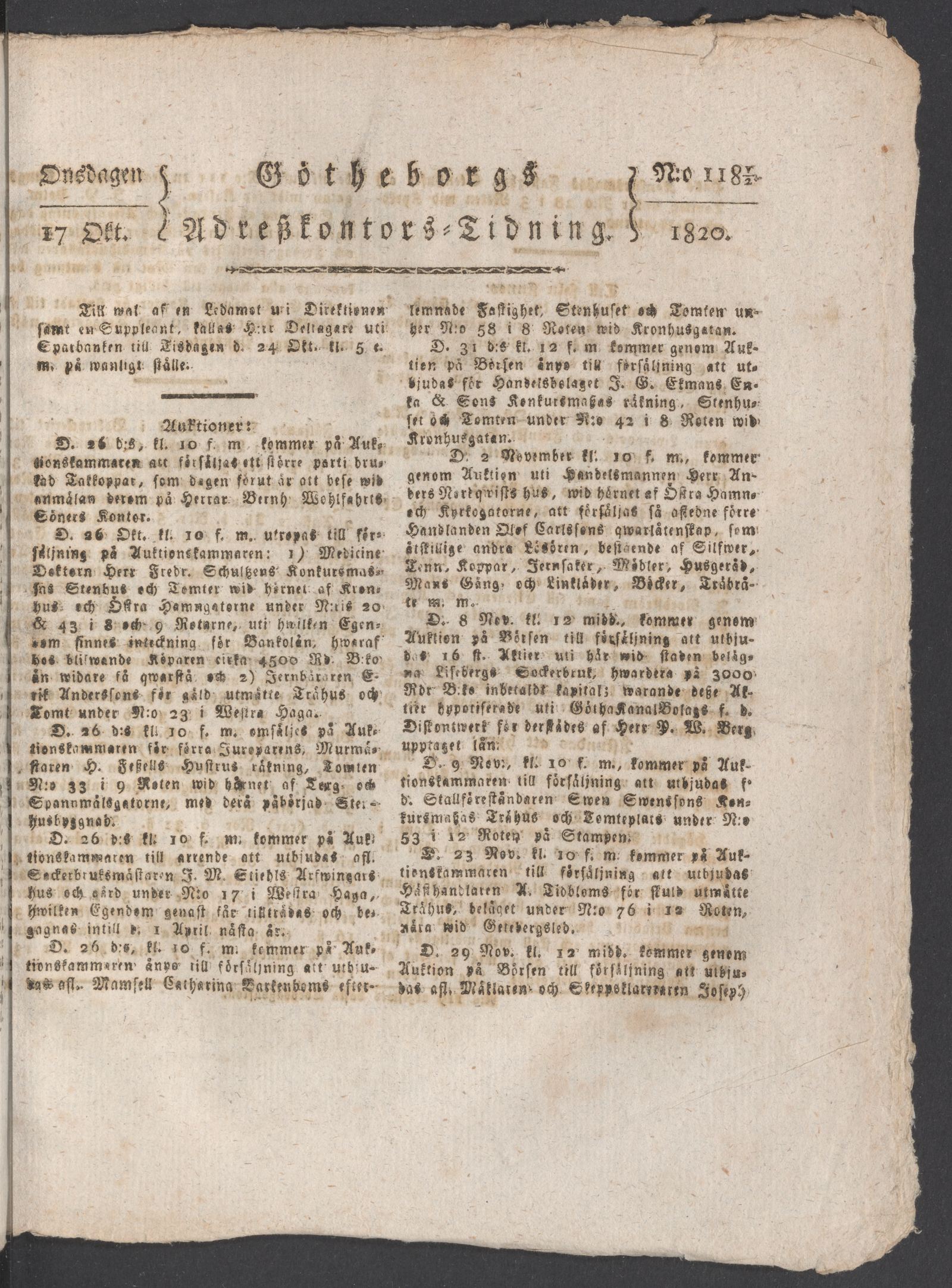 Tidningssida ur AFTONBLADET, 1820-10-18