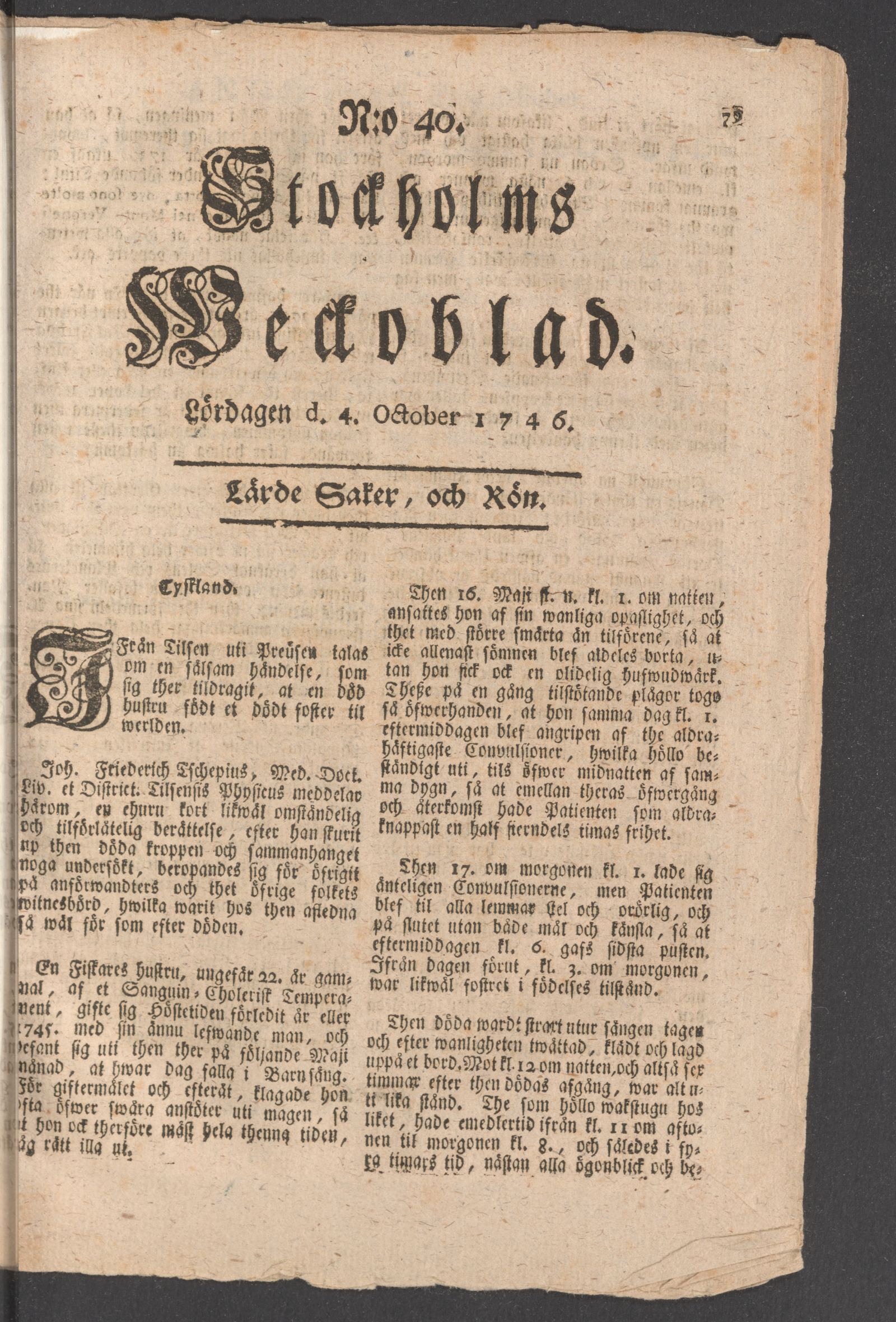 Tidningssida ur STOCKHOLMS WECKOBLAD, 1746-10-04
