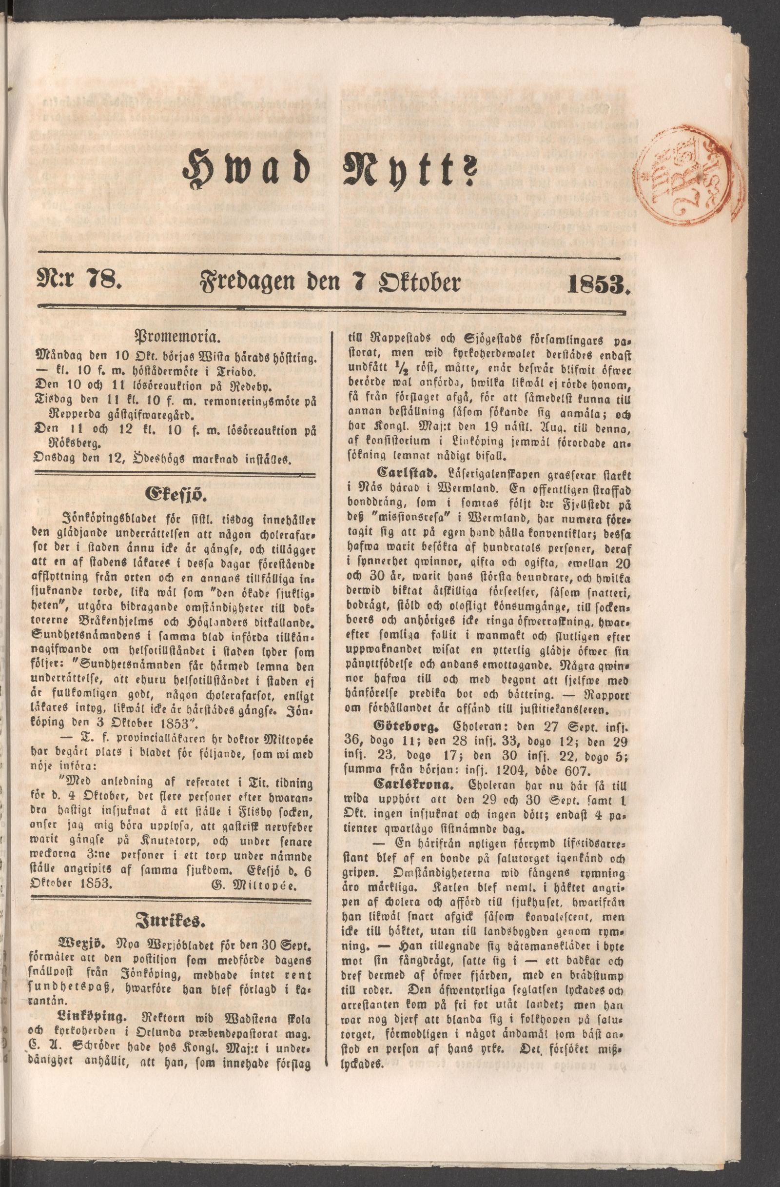 Tidningssida ur HVAD NYTT?, 1853-10-07