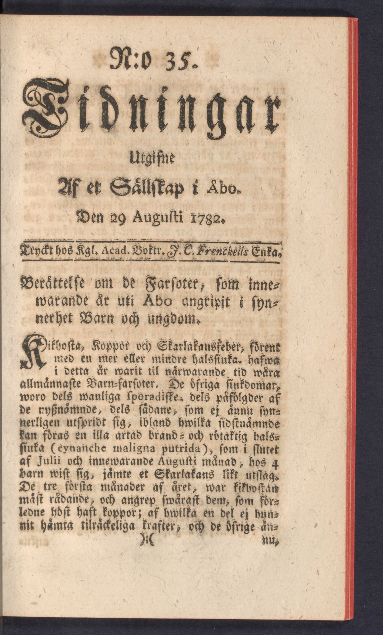 Tidningssida ur TIDNINGAR UTGIFNE AF ET SÄLLSKAP I ÅBO, 1782-08-29