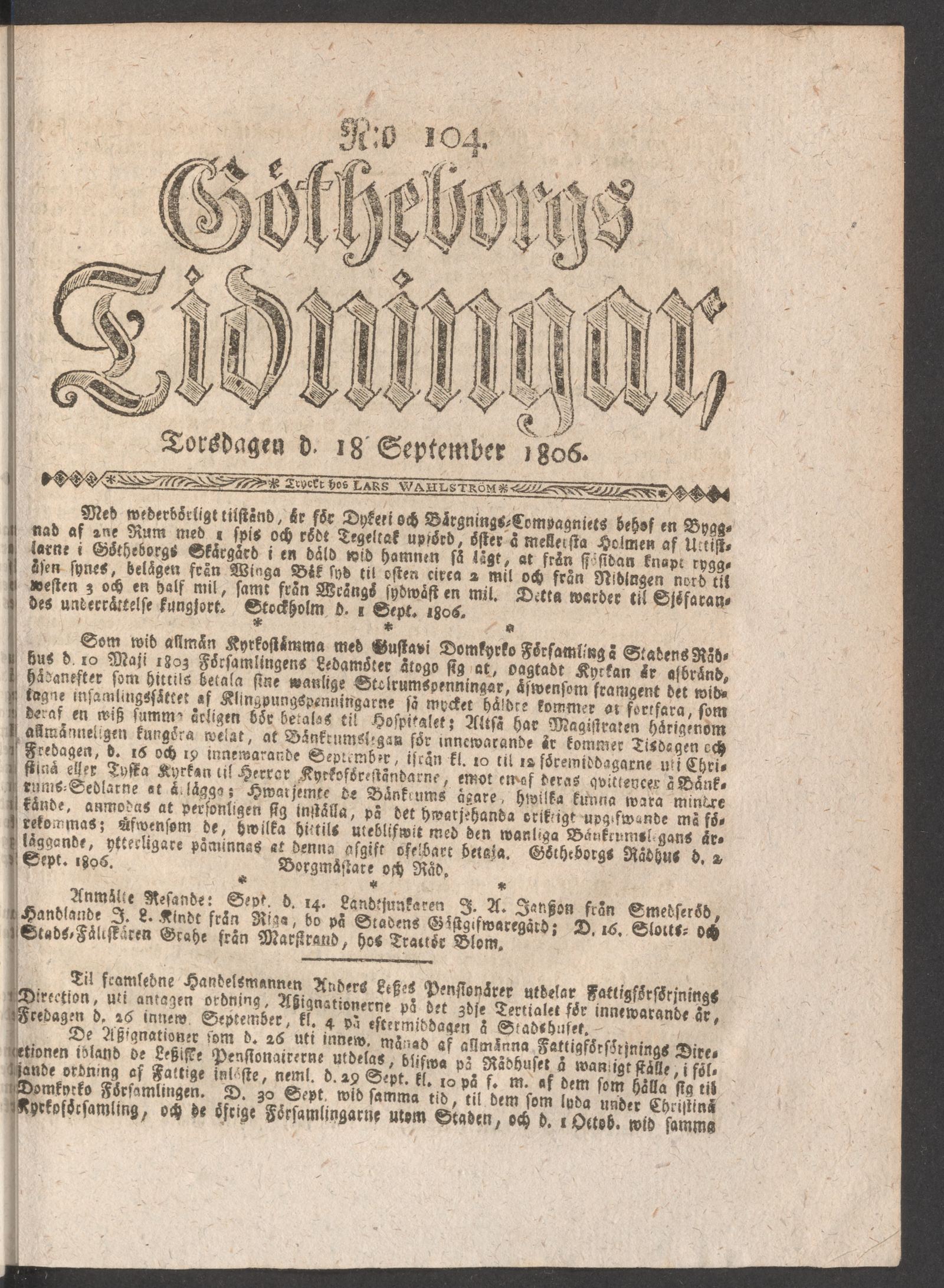 Tidningssida ur GÖTHEBORGS TIDNINGAR, 1806-09-18