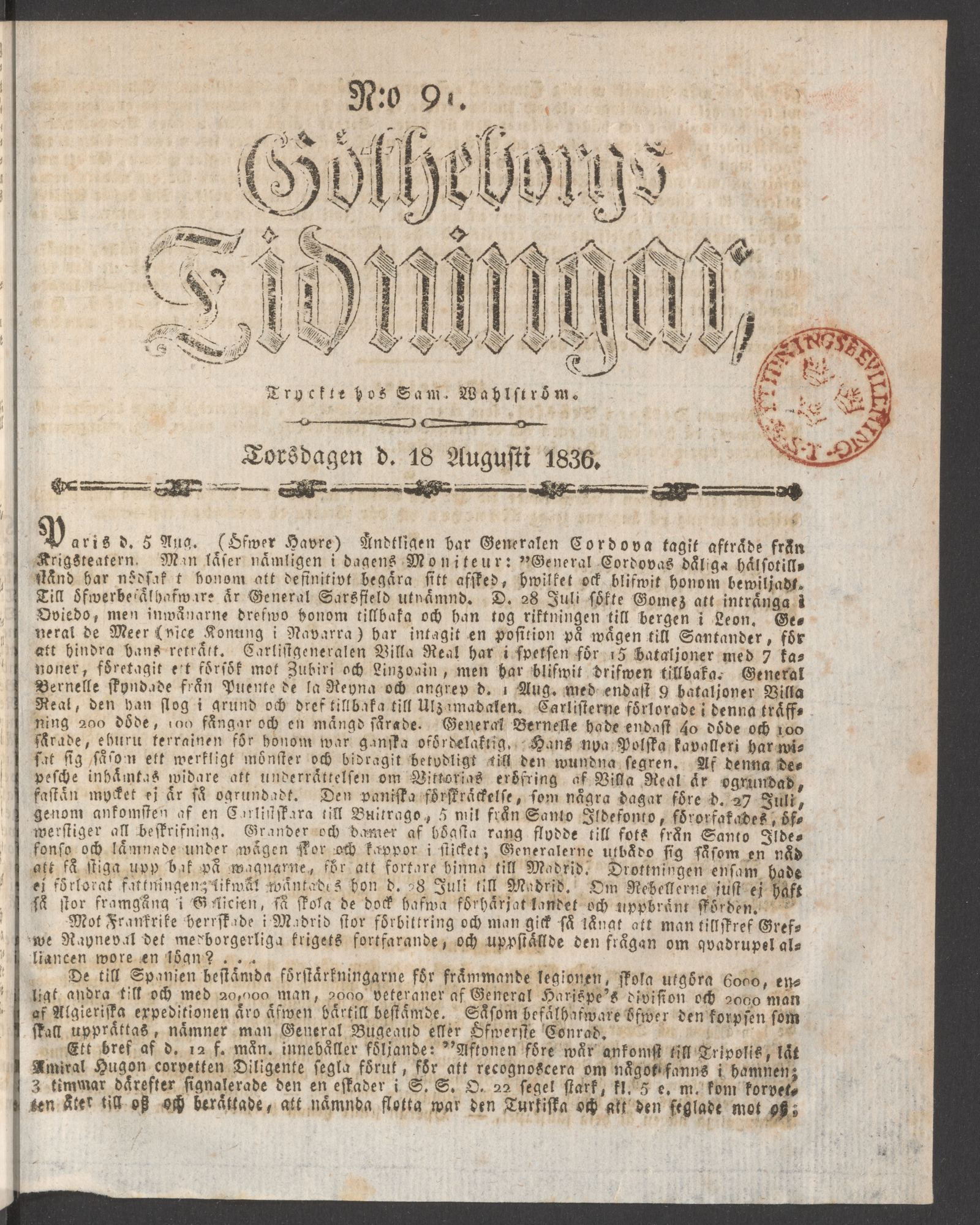 Tidningssida ur GÖTHEBORGS TIDNINGAR, 1836-08-18