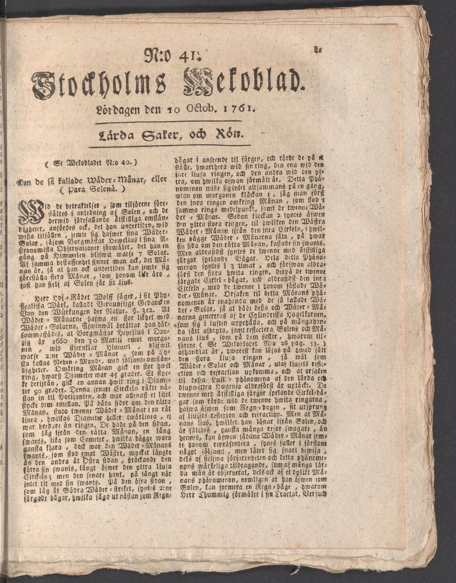 Tidningssida ur STOCKHOLMS WECKOBLAD, 1761-10-10