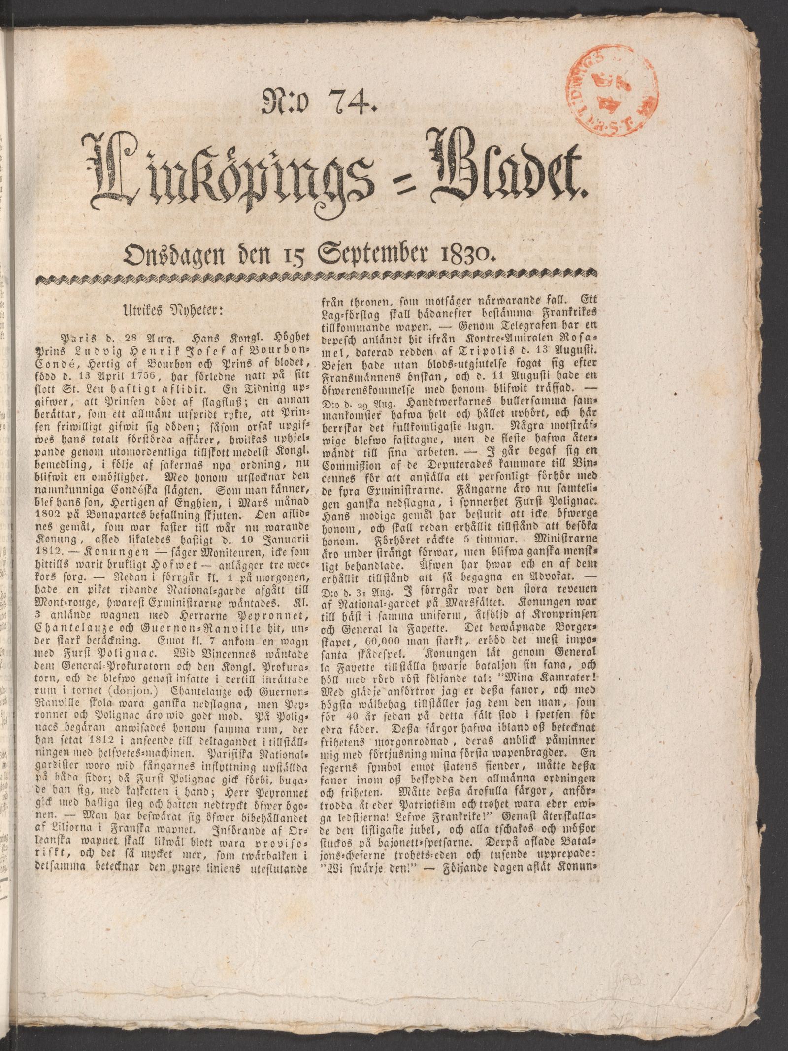 Tidningssida ur LINKÖPINGSBLADET, 1830-09-15