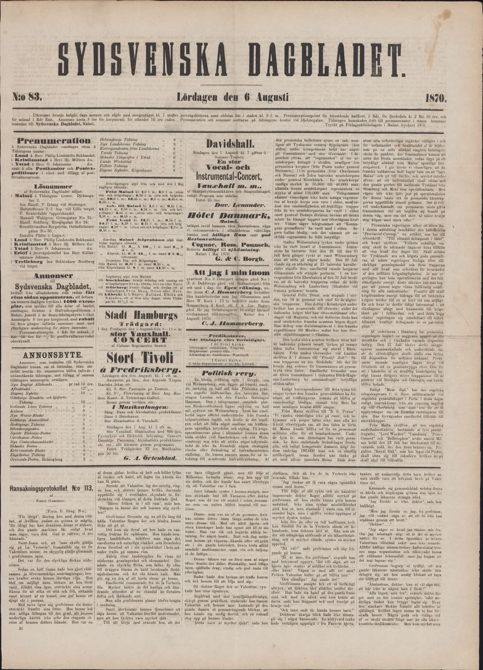 Tidningssida ur SYDSVENSKA DAGBLADET, 1870-08-06