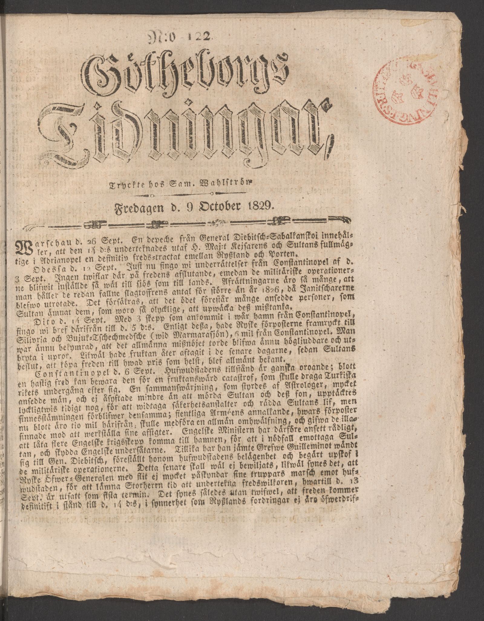 Tidningssida ur GÖTHEBORGS TIDNINGAR, 1829-10-09