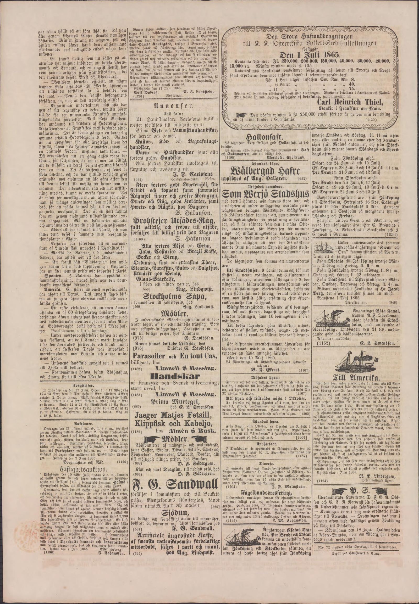 Tidningssida ur Jönköpingsbladet, 1865-06-20