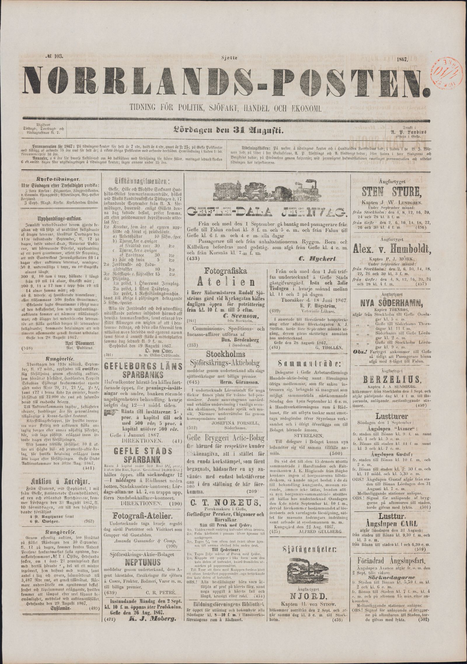 Tidningssida ur NORRLANDSPOSTEN, 1867-08-31