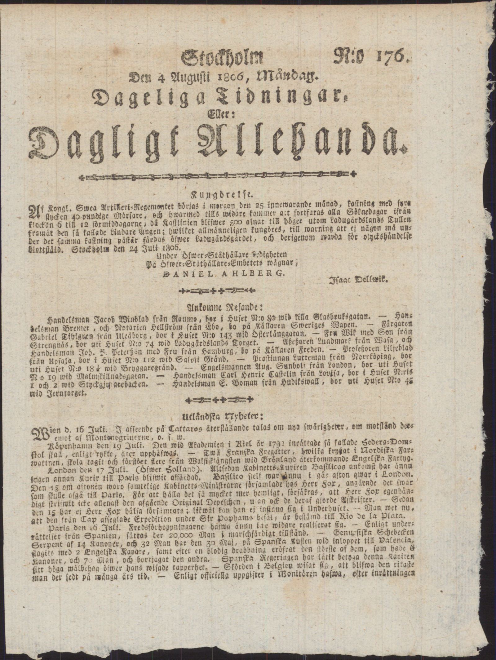 Tidningssida ur DAGLIGT ALLEHANDA, 1806-08-04