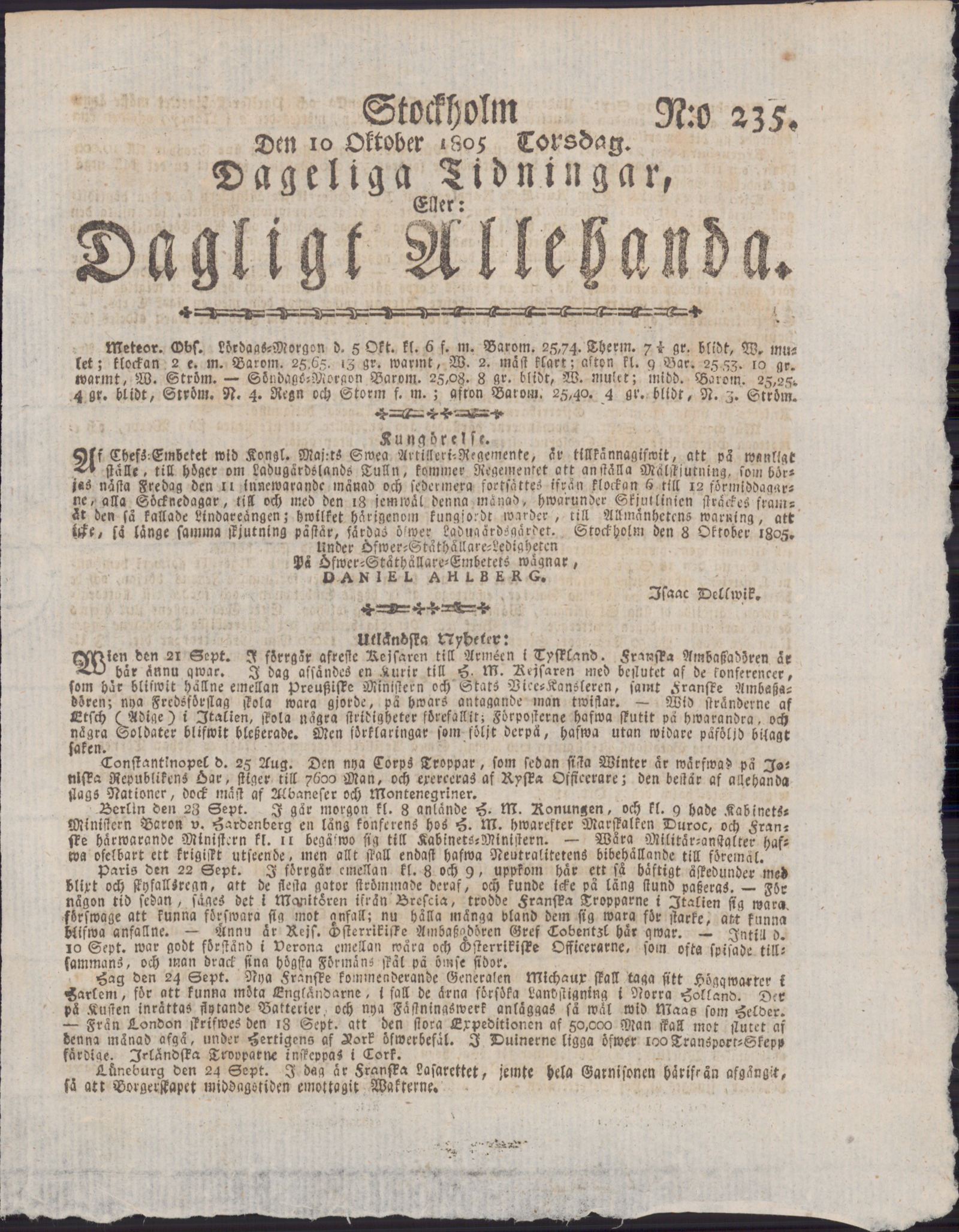 Tidningssida ur DAGLIGT ALLEHANDA, 1805-10-10