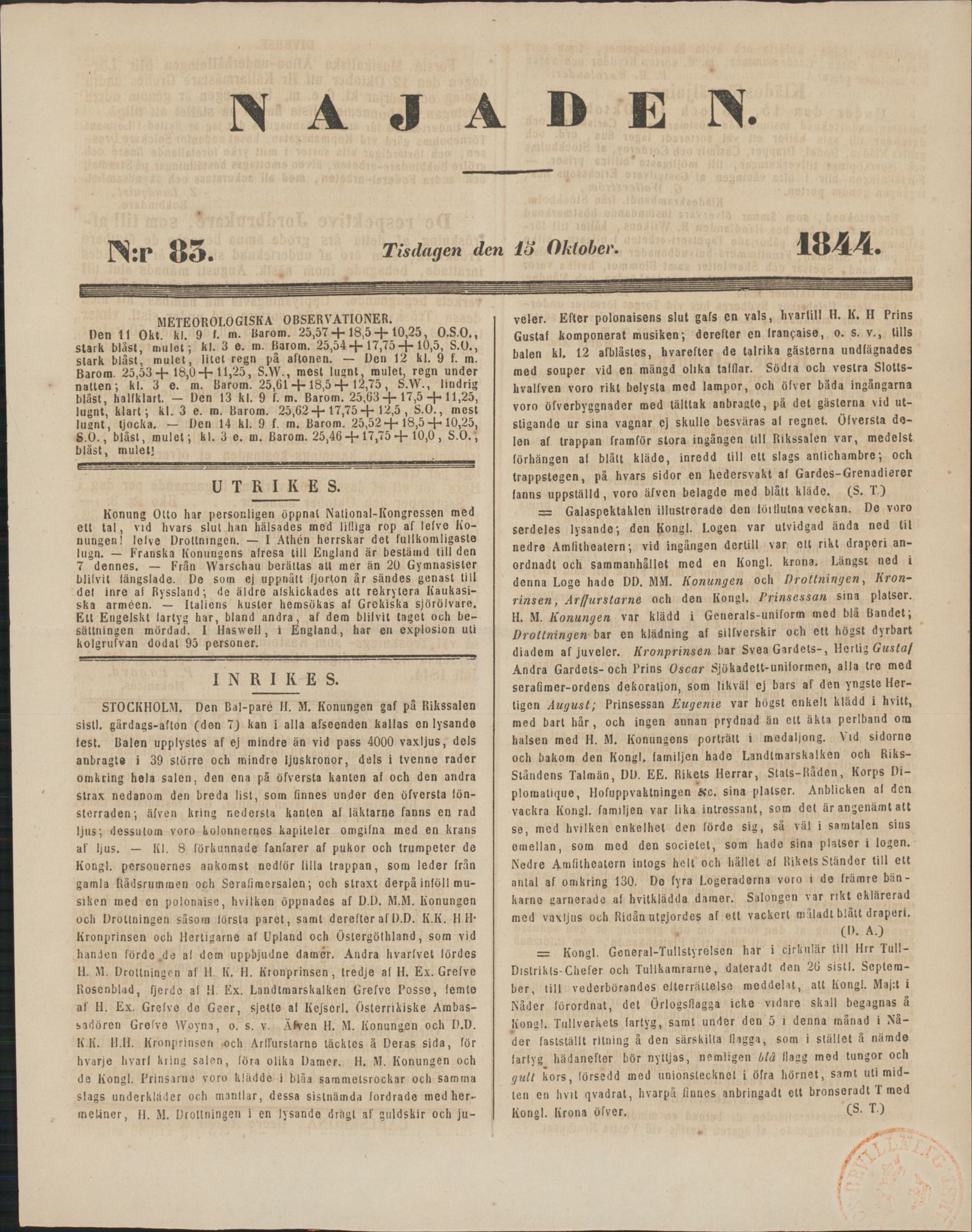 Tidningssida ur NAJADEN, 1844-10-15