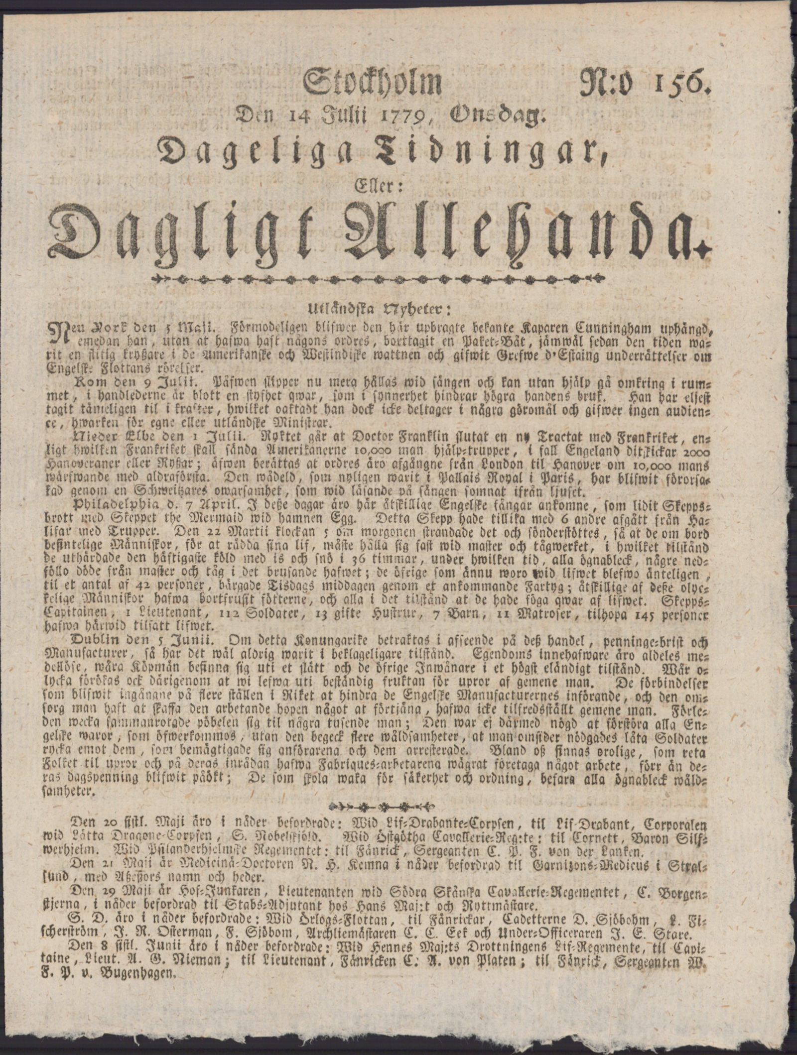 Tidningssida ur DAGLIGT ALLEHANDA, 1779-07-14