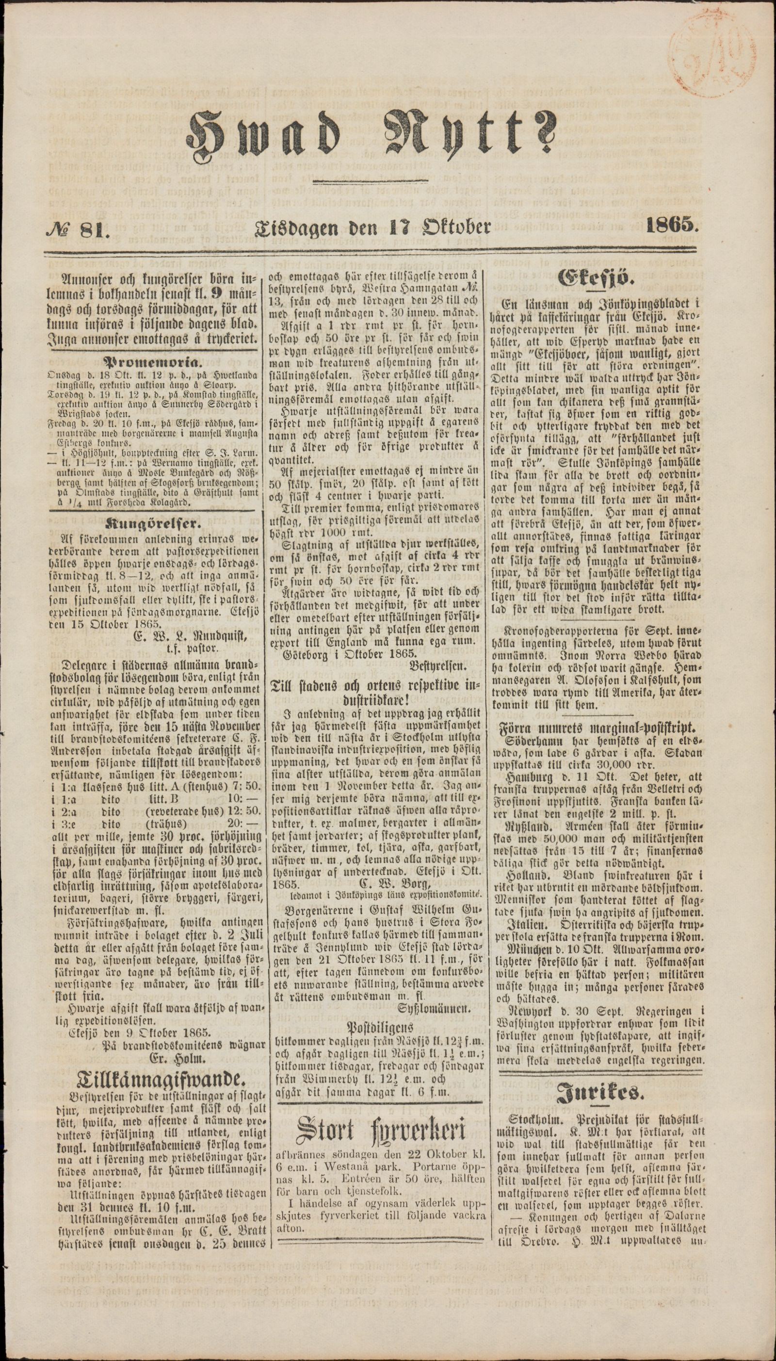 Tidningssida ur HVAD NYTT?, 1865-10-17