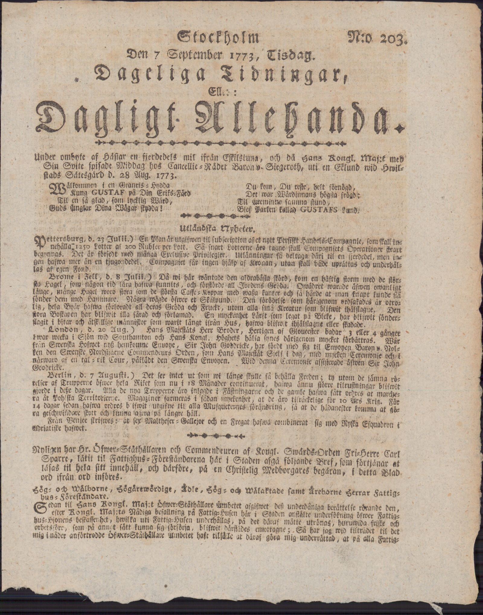 Tidningssida ur DAGLIGT ALLEHANDA, 1773-09-07