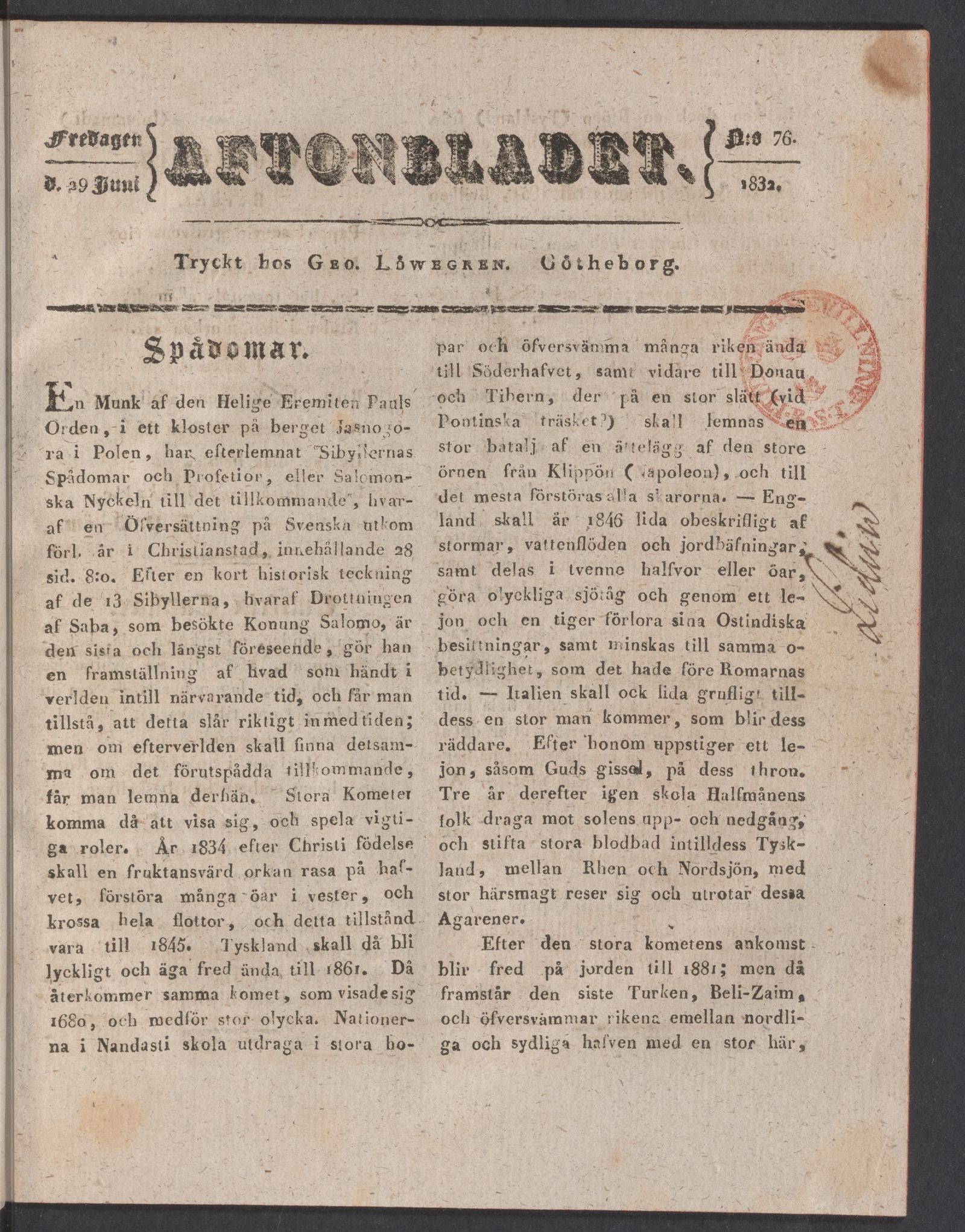 Tidningssida ur AFTONBLADET, 1832-06-29