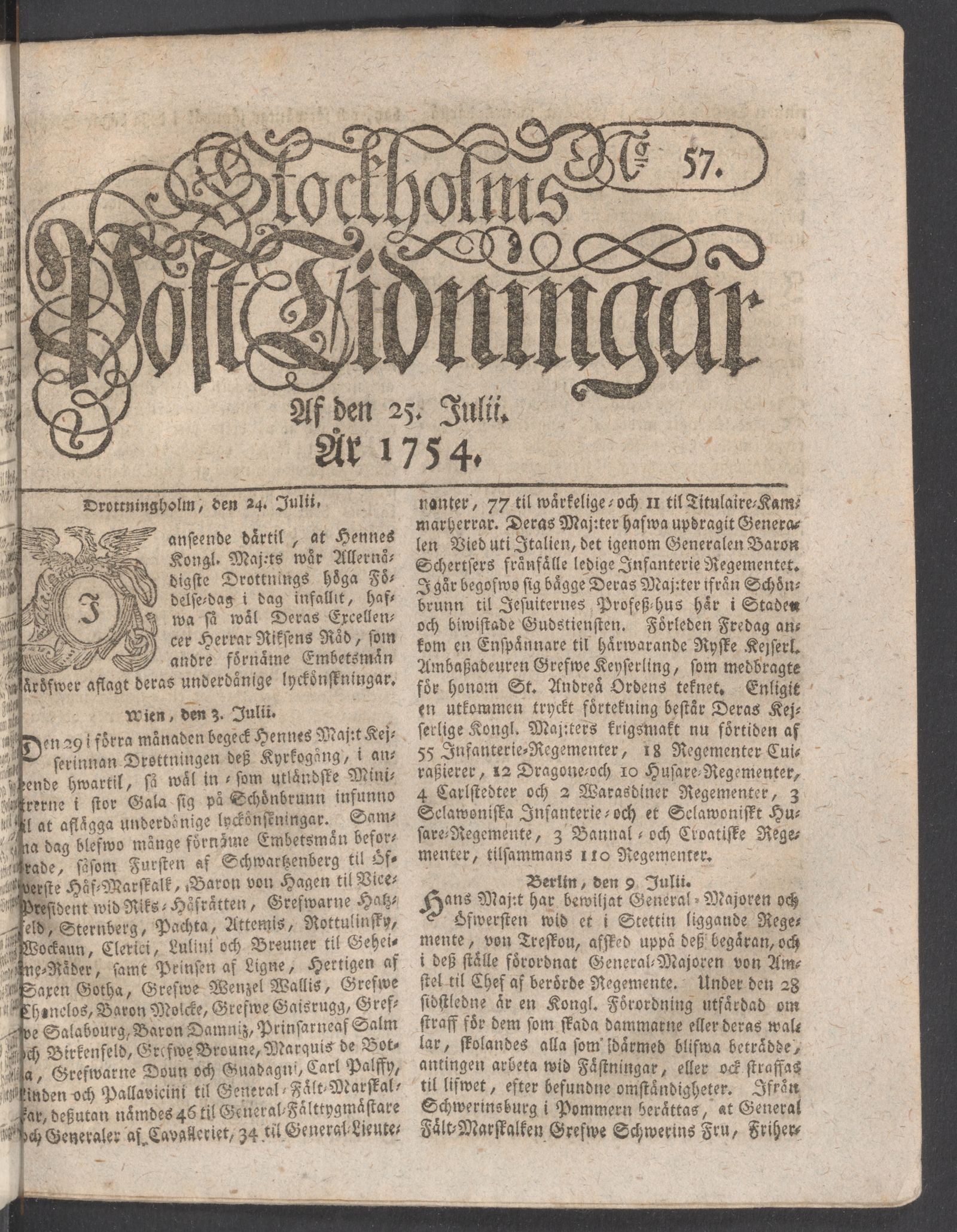 Tidningssida ur POSTTIDNINGAR, 1754-07-25