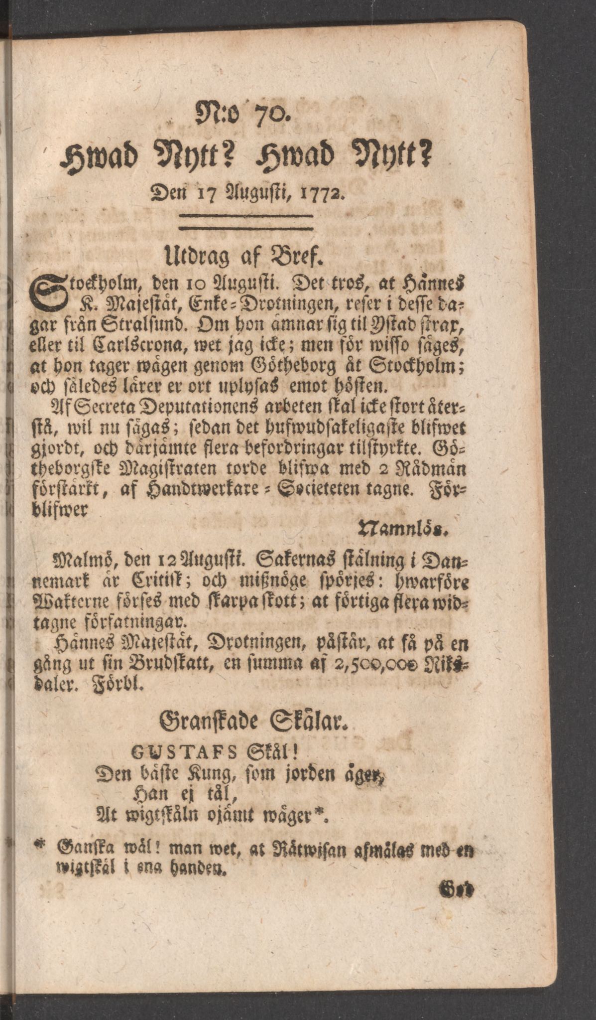 Tidningssida ur HWAD NYTT?, 1772-08-17
