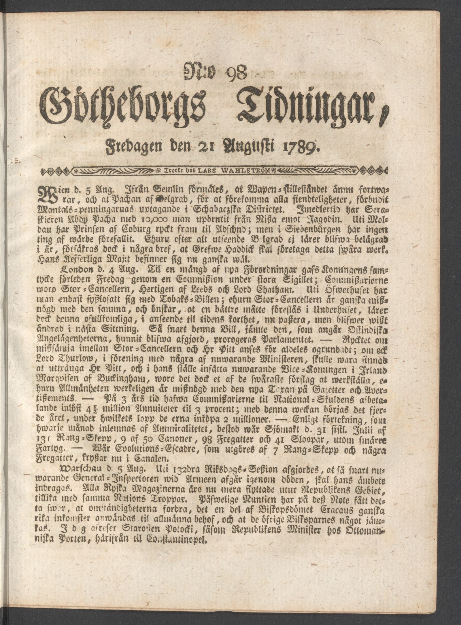Tidningssida ur GÖTHEBORGS TIDNINGAR, 1789-08-21