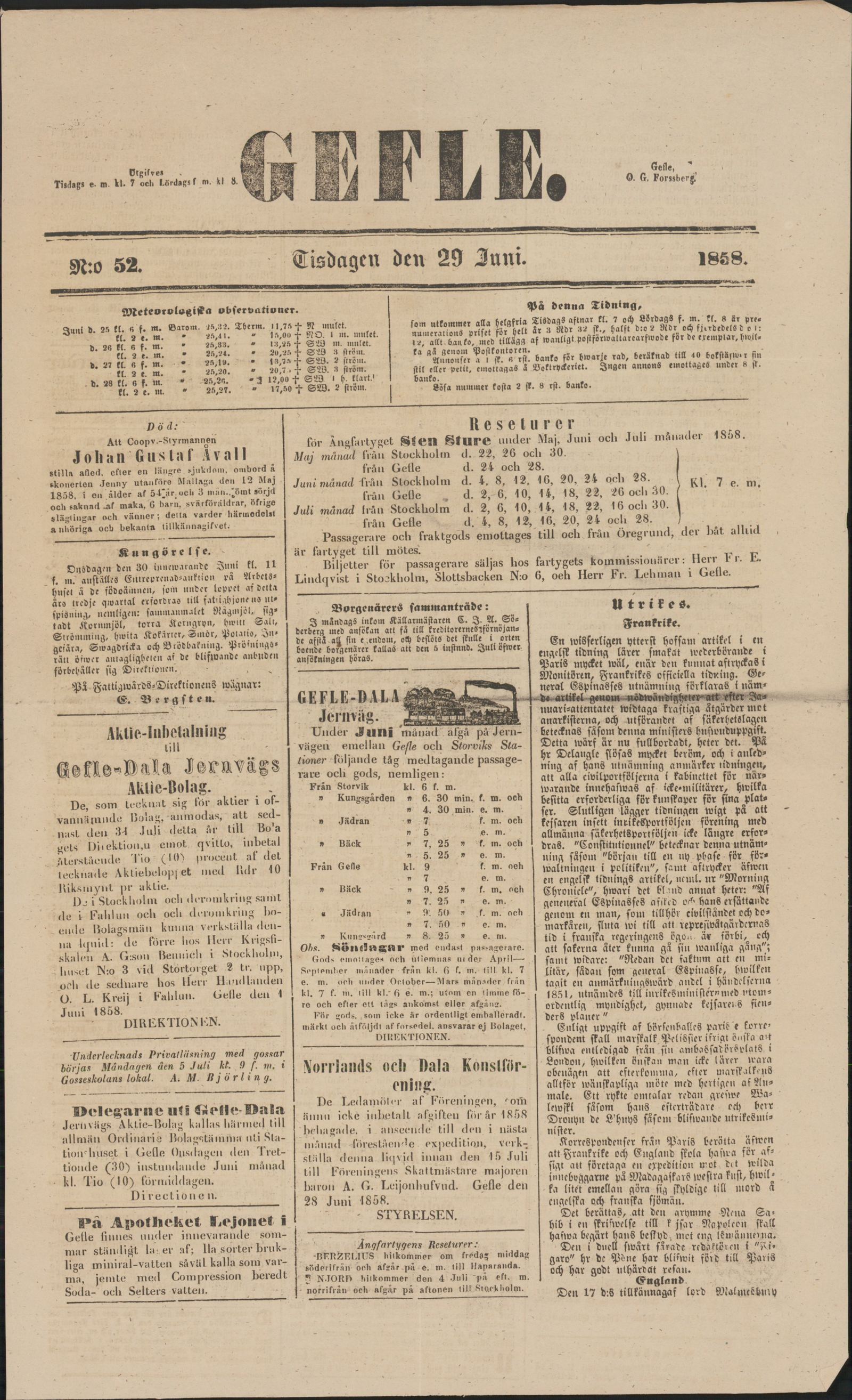 Tidningssida ur GEFLEBORGS LÄNS TIDNING, 1858-06-29
