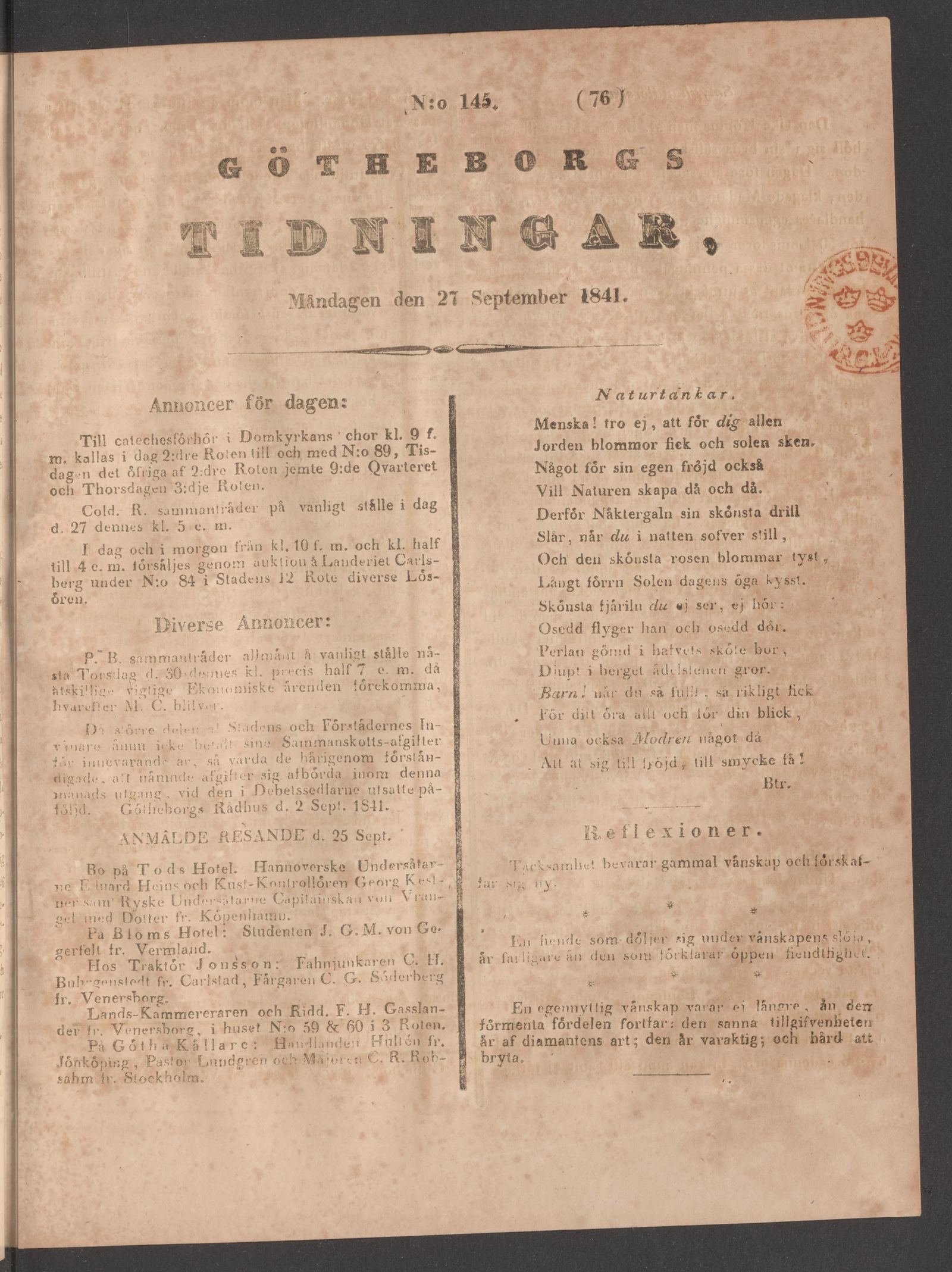 Tidningssida ur GÖTHEBORGS TIDNINGAR, 1841-09-27