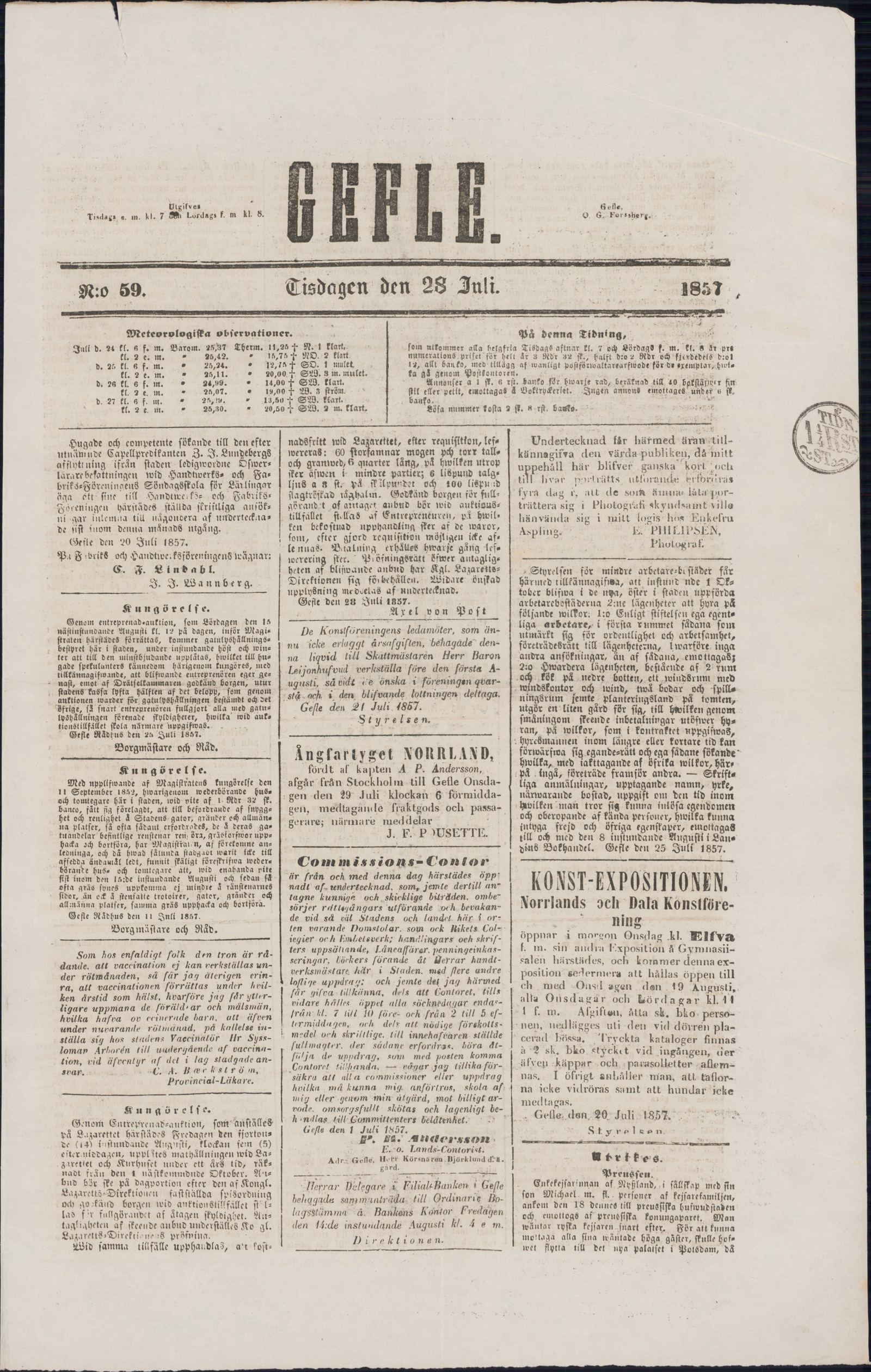 Tidningssida ur GEFLEBORGS LÄNS TIDNING, 1857-07-28