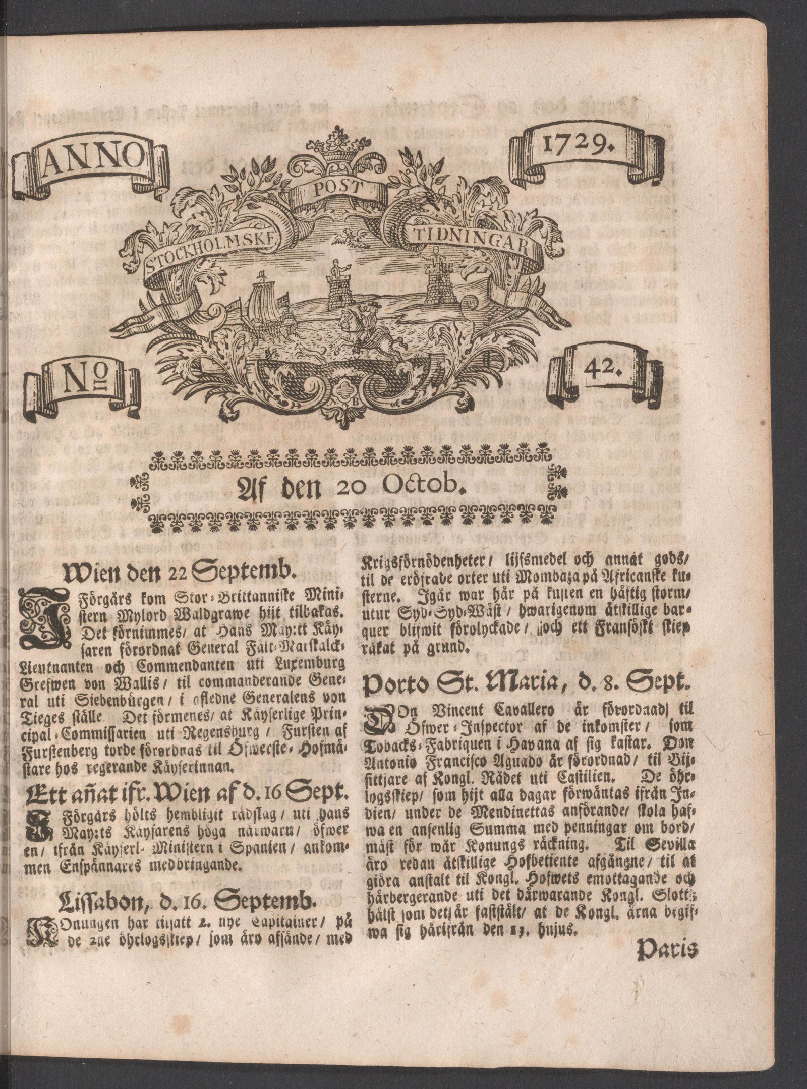 Tidningssida ur POSTTIDNINGAR, 1729-10-20