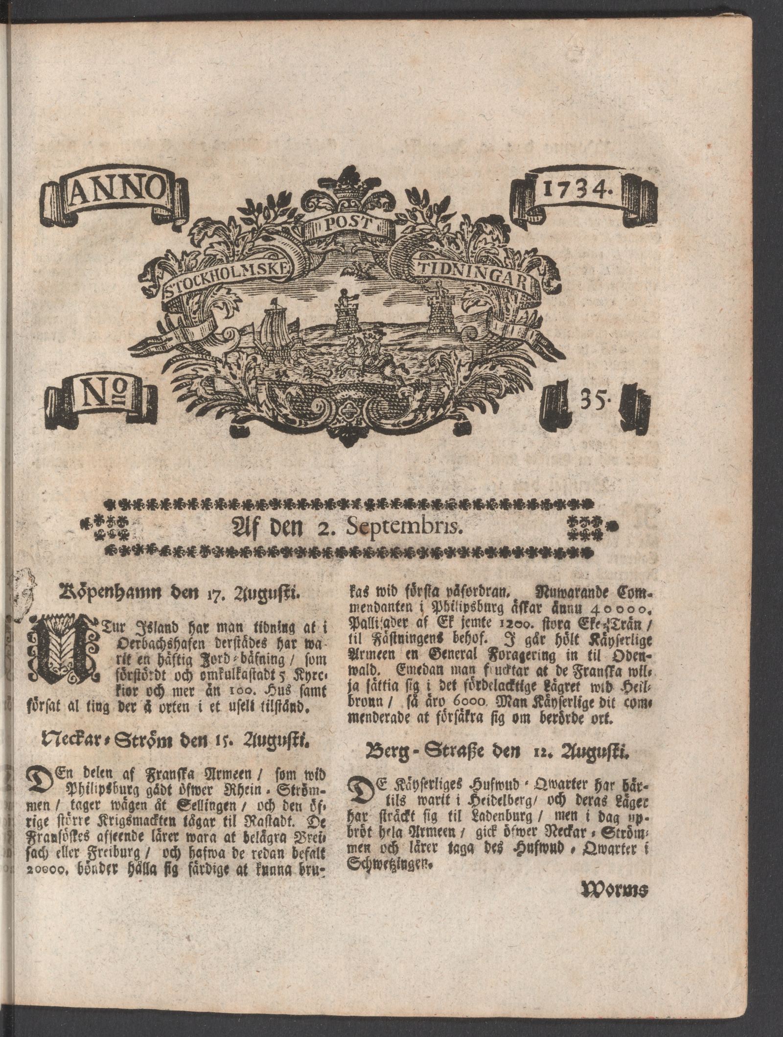 Tidningssida ur POSTTIDNINGAR, 1734-09-02