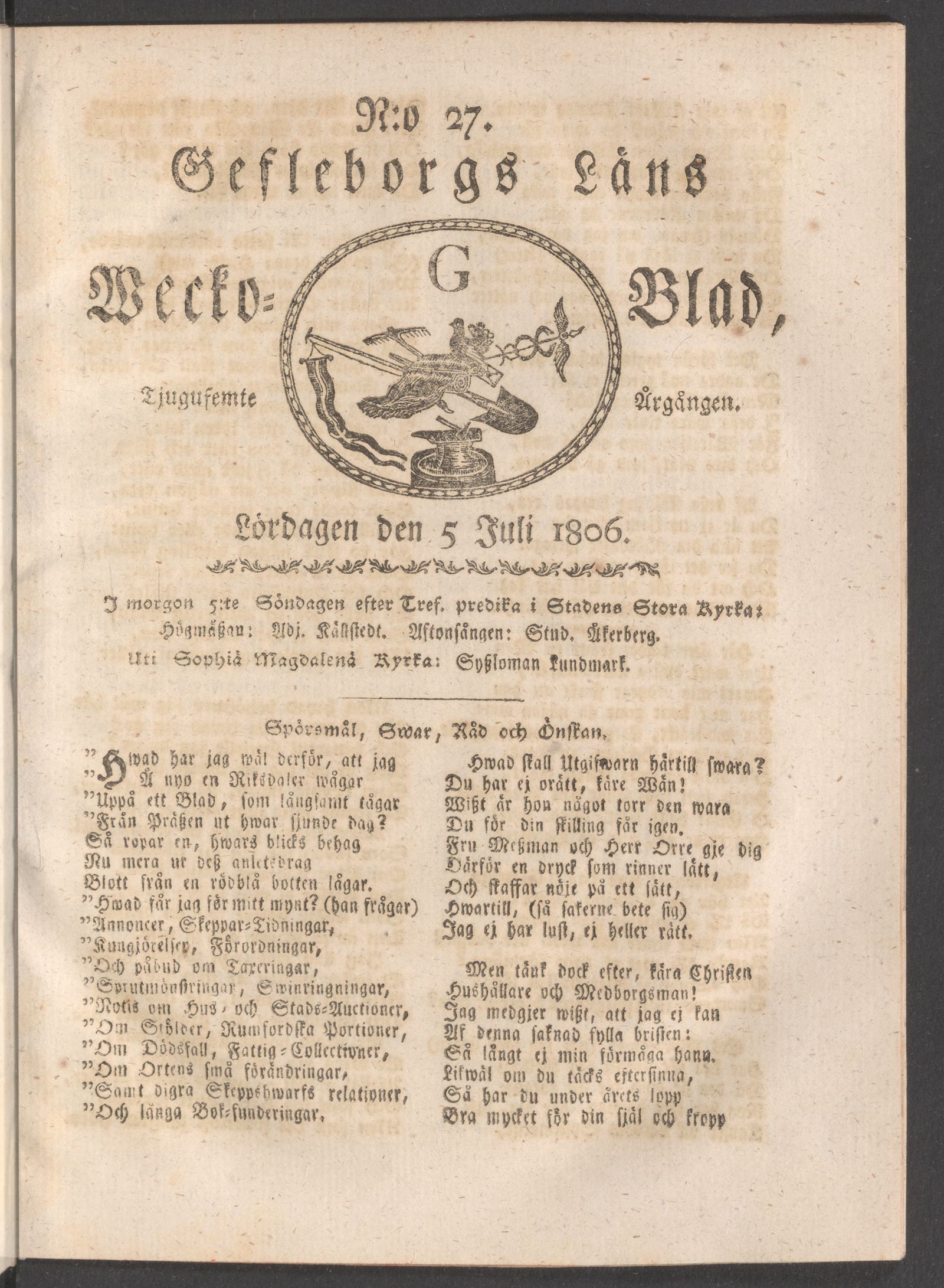 Tidningssida ur WECKOBLAD FÖR GEFLEBORGS LÄN, 1806-07-05