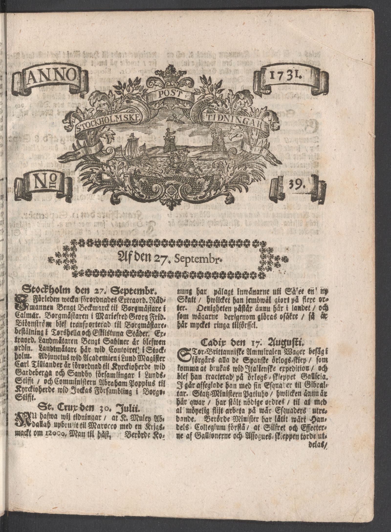 Tidningssida ur POSTTIDNINGAR, 1731-09-27