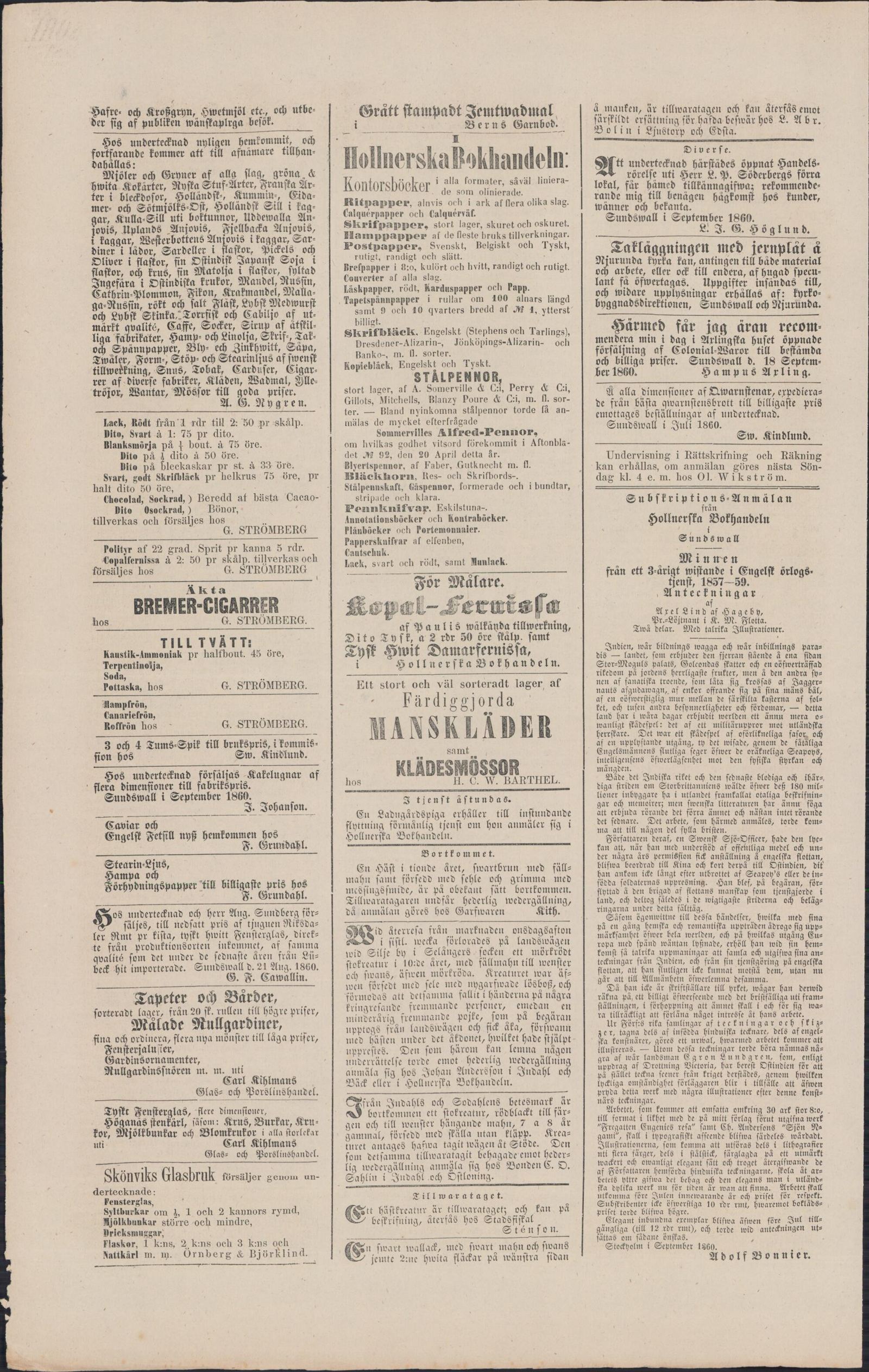 Tidningssida ur Sundsvallsposten, 1860-09-27