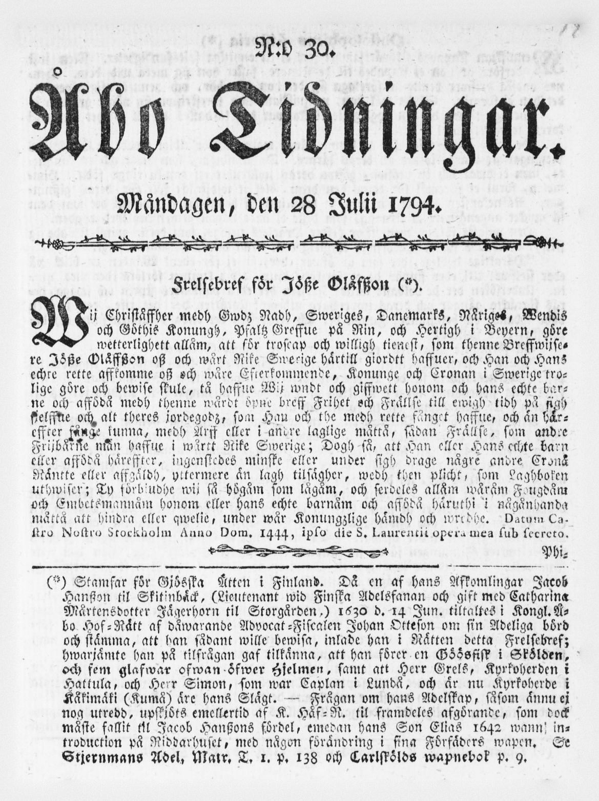 Tidningssida ur ÅBO TIDNINGAR, 1794-07-28