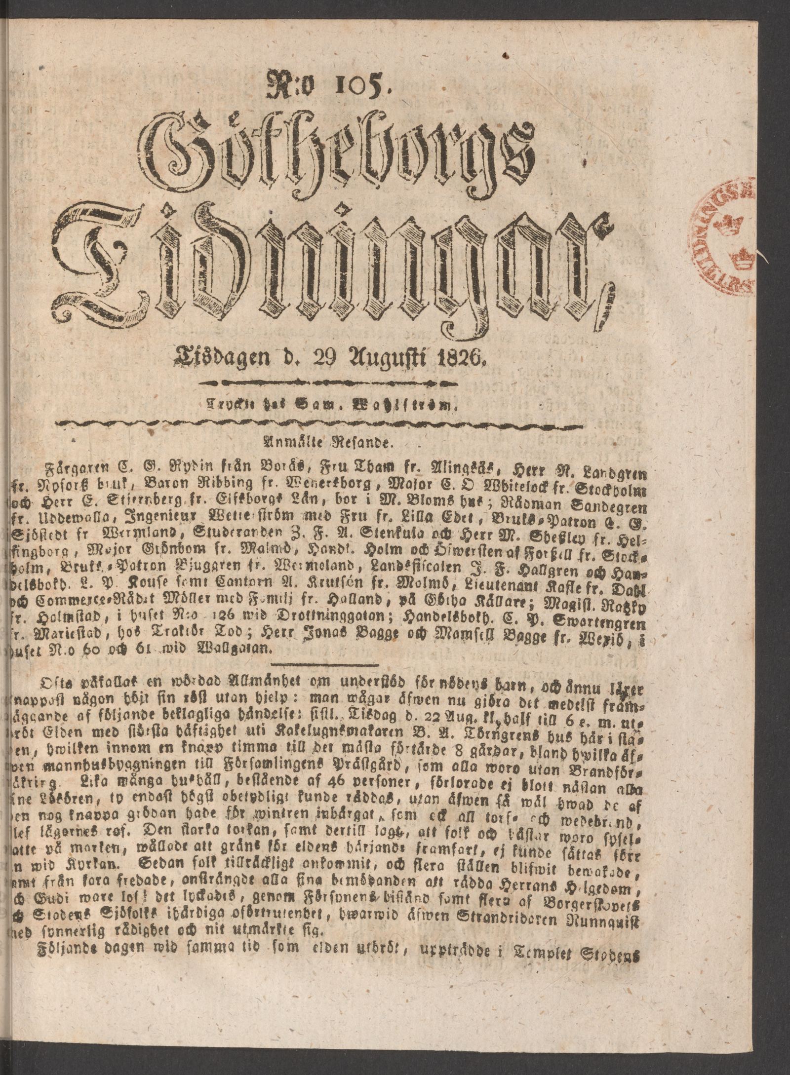Tidningssida ur GÖTHEBORGS TIDNINGAR, 1826-08-29