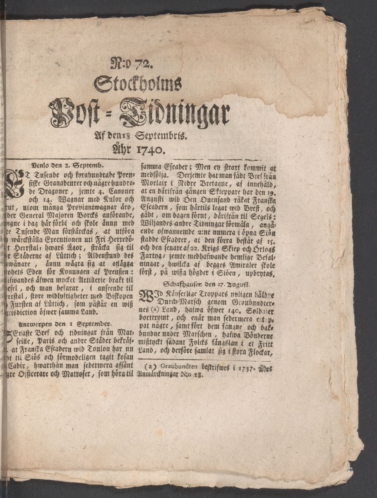 Tidningssida ur POSTTIDNINGAR, 1740-09-18