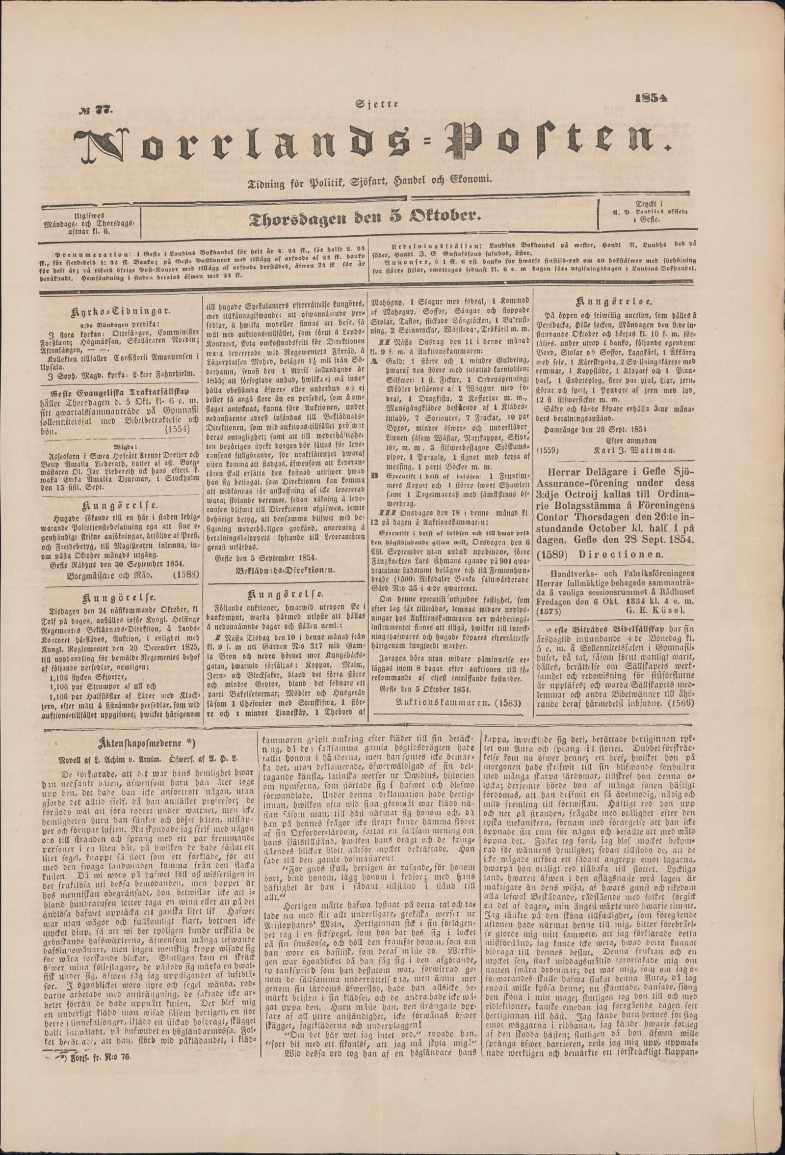 Tidningssida ur NORRLANDSPOSTEN, 1854-10-05