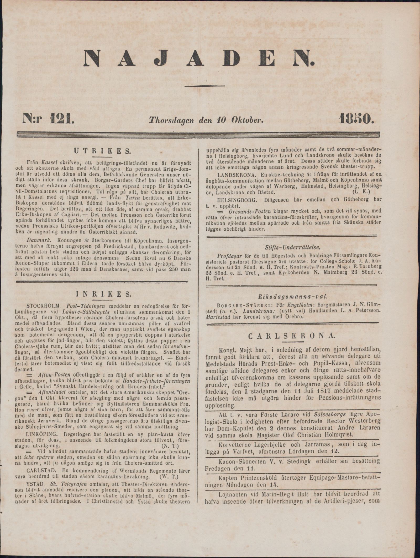 Tidningssida ur NAJADEN, 1850-10-10
